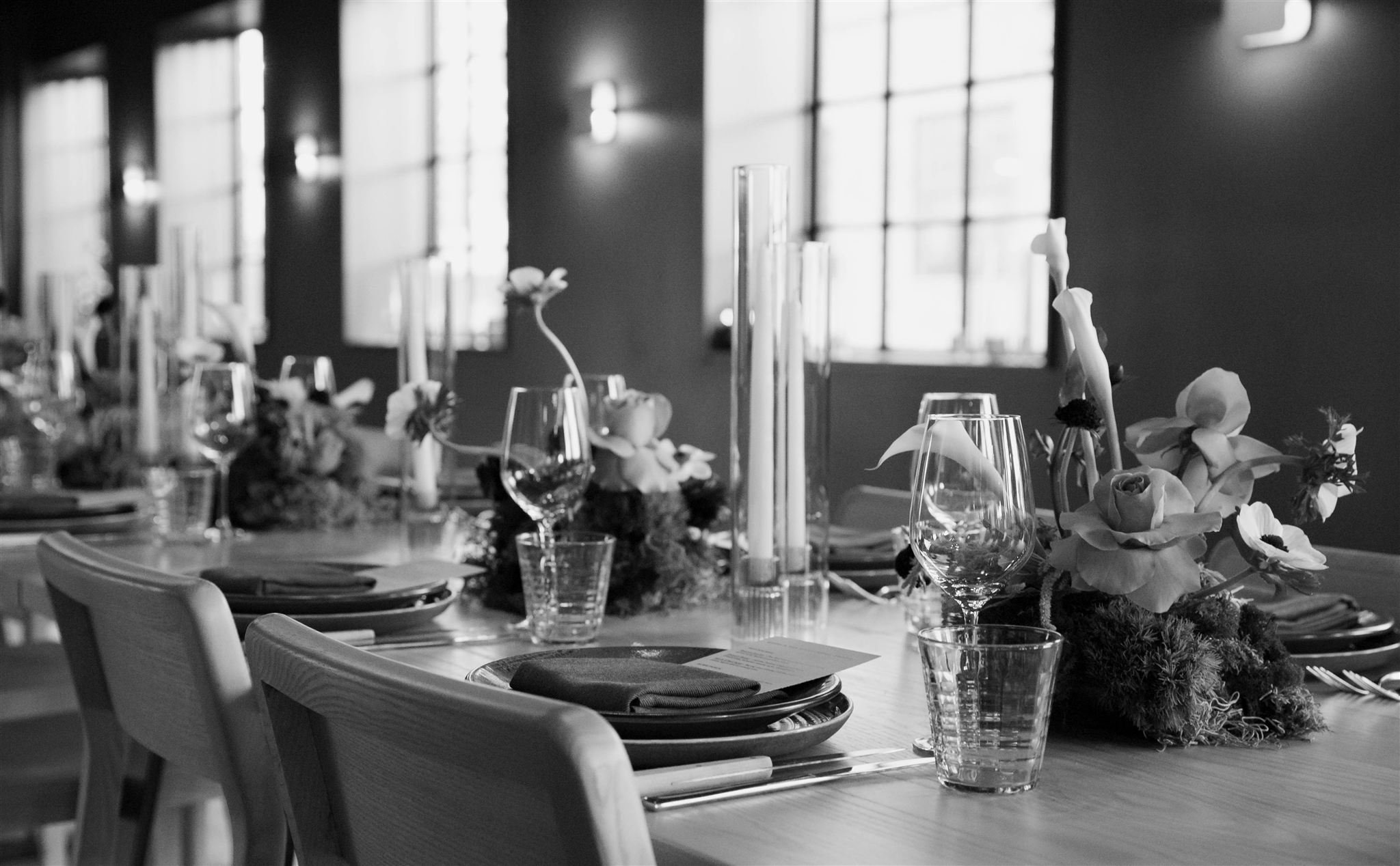 Candlelit rehearsal dinner at Maxwells Trading Chicago wedding venue.