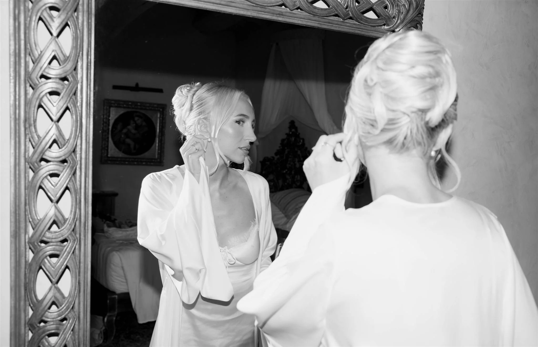 A bride on her wedding day at Villa Petriolo in Tuscany, Italy.