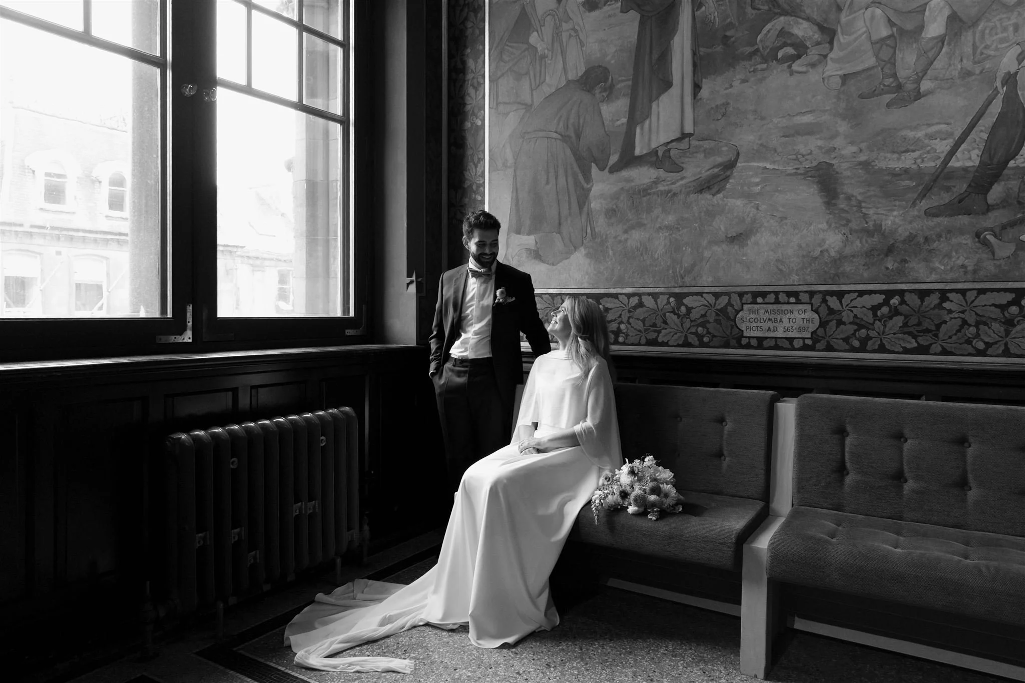 A wedding day at The Scottish National Portrait Gallery in Edinburgh, Scotland.
