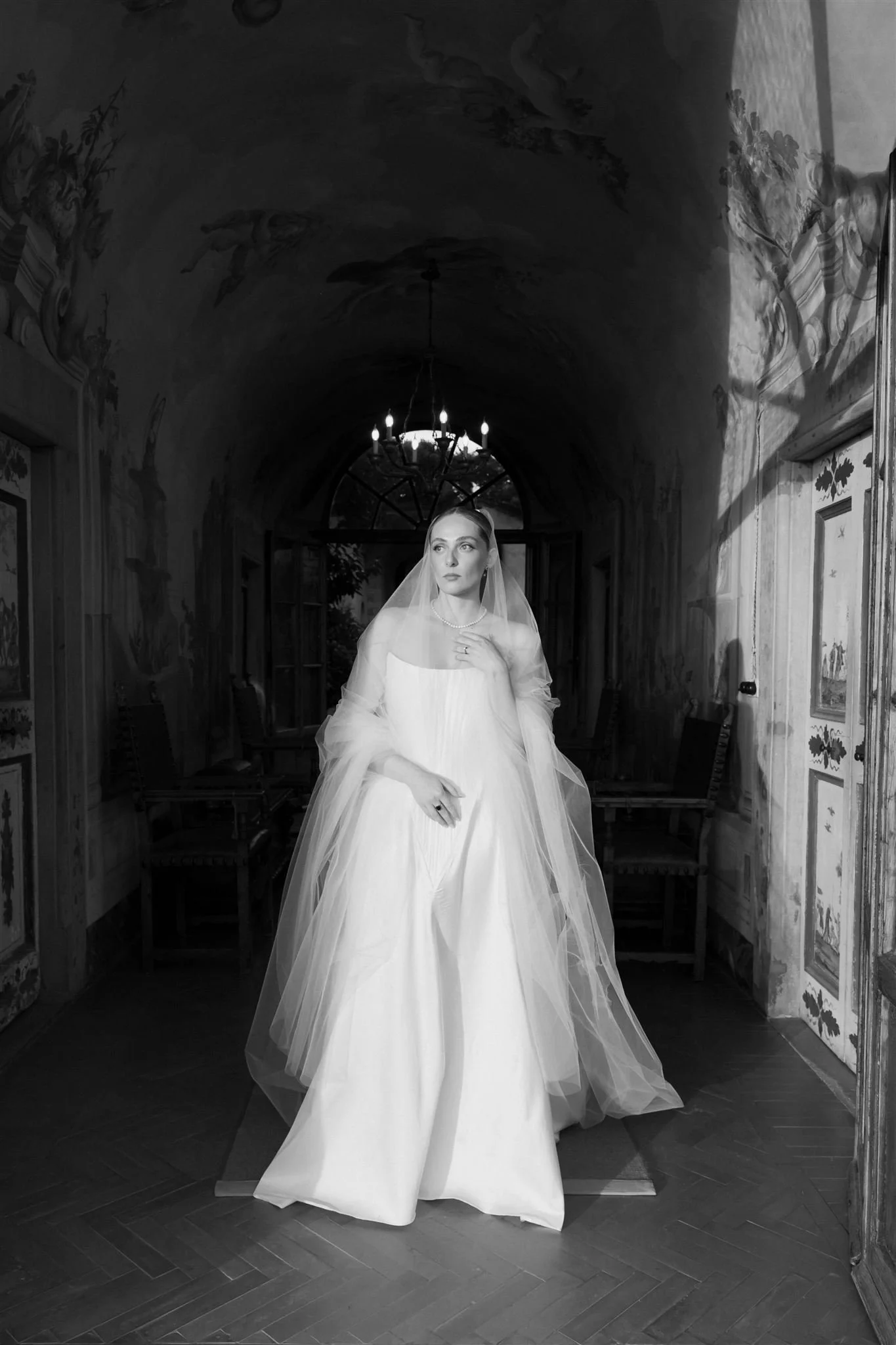 Bride on a wedding day at Villa Medicea Di Lilliano in Tuscany, Italy.