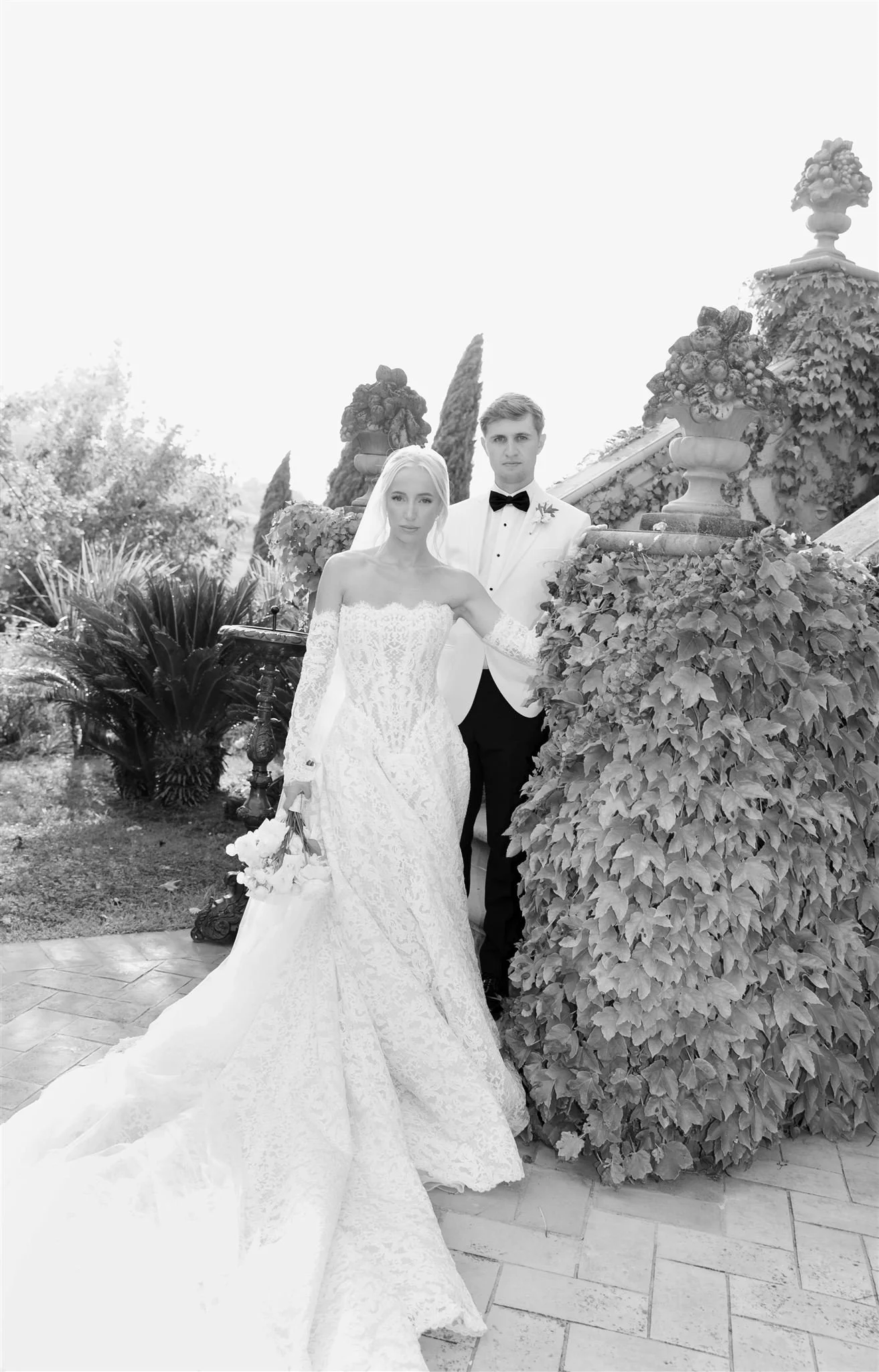 A bride and groom on a wedding day at Tenuta Corbinaia Villa in Tuscany, Italy.