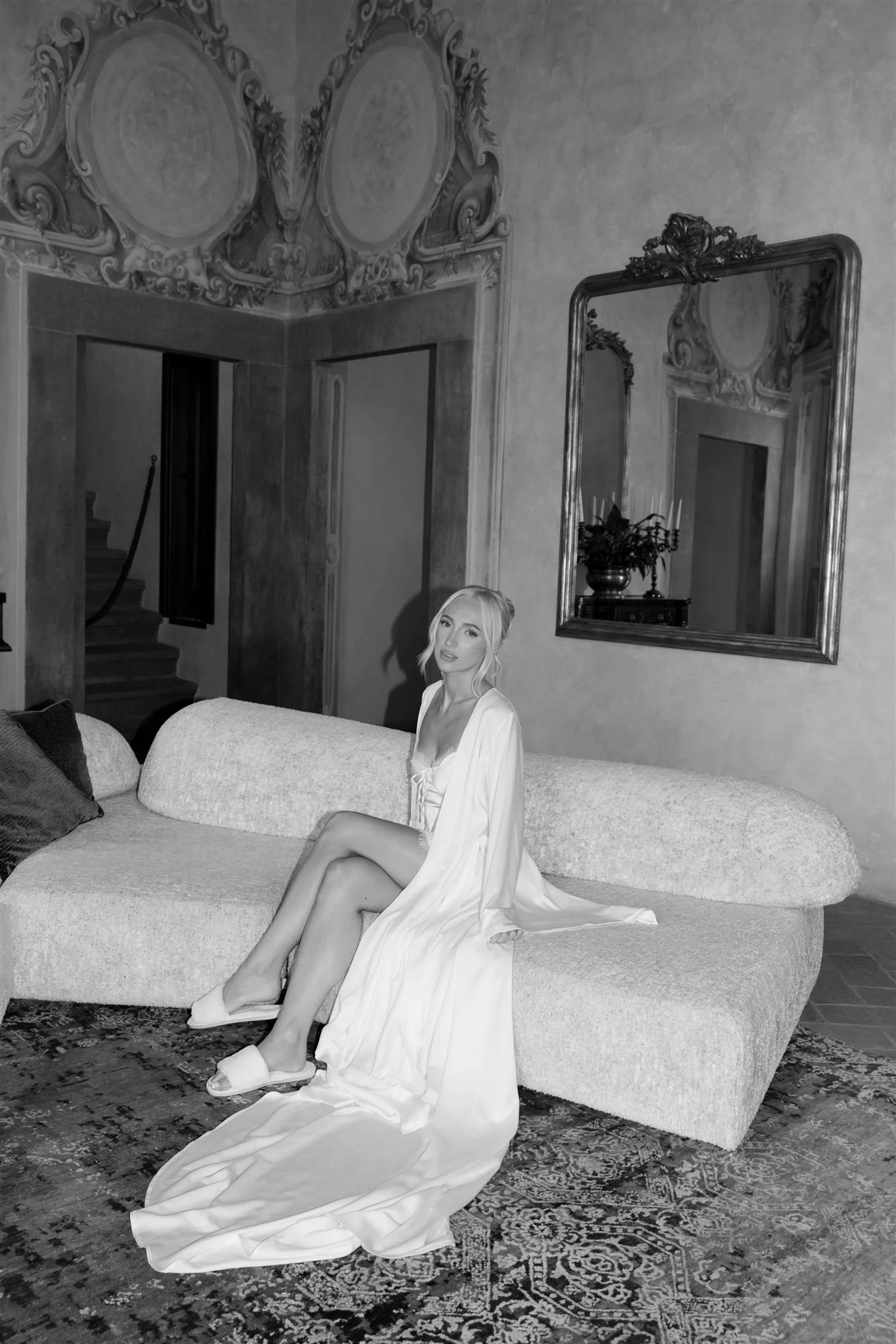 A bride on her wedding day at Villa Petriolo in Tuscany, Italy.