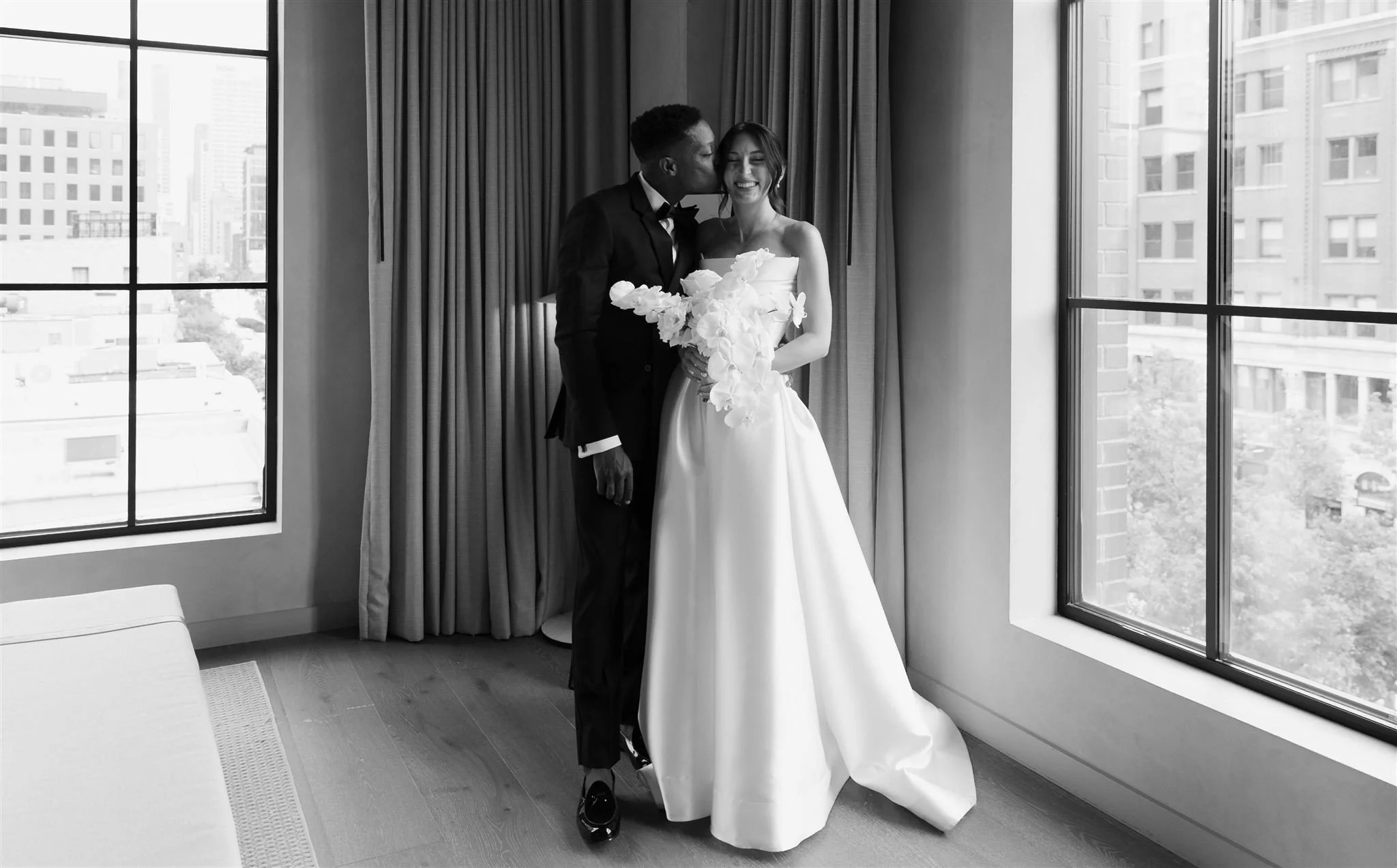 Bride and Groom at Nobu Hotel on their wedding day in Chicago.