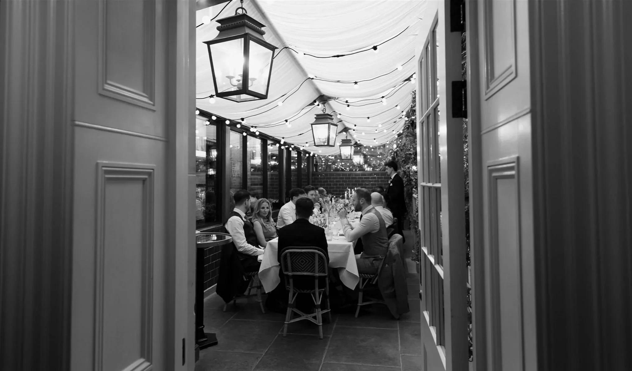 Gleneagles Townhouse wedding reception dinner in The Courtyard in Edinburgh after an intimate City Chambers ceremony in Edinburgh, Scotland.