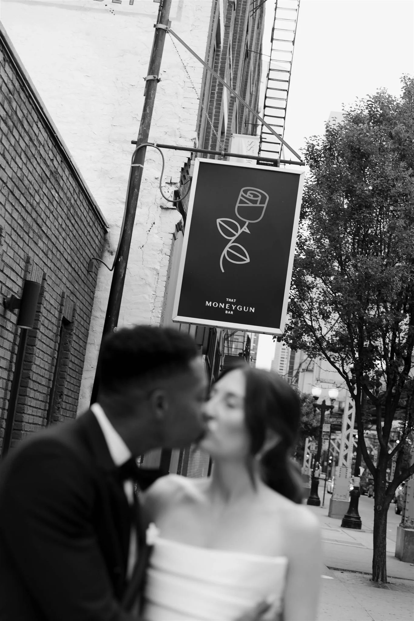 Wedding Portraits at Moneygun Bar on a wedding day in West Loop Chicago.