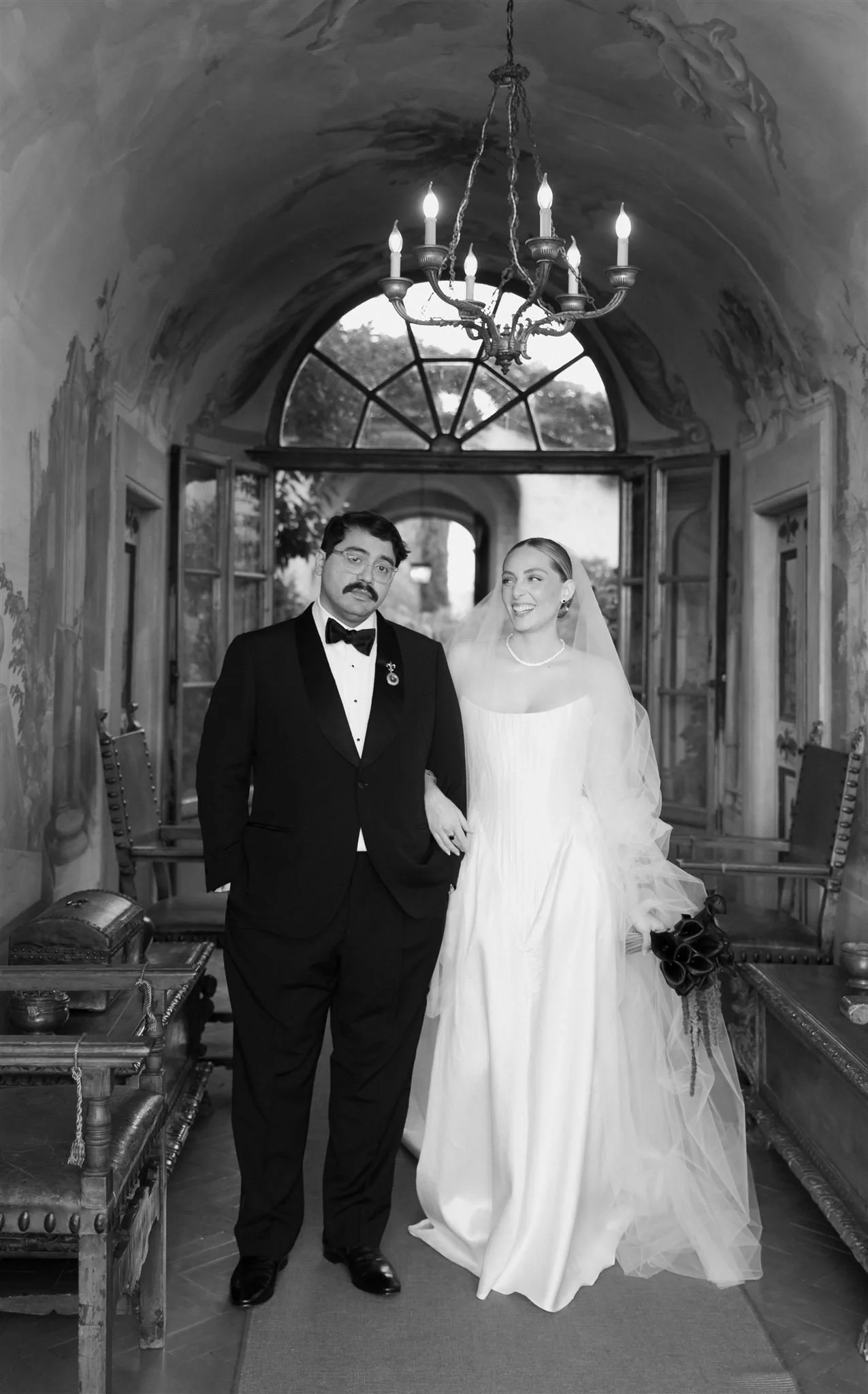 Bride and Groom on a wedding day at Villa Medicea Di Lilliano in Tuscany, Italy.