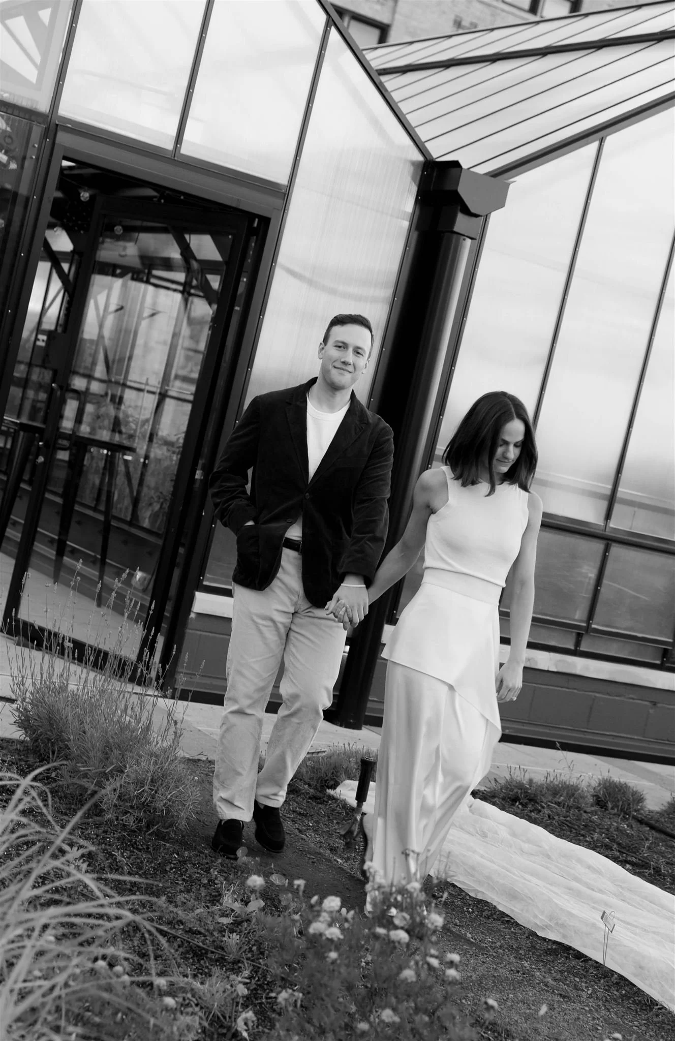 Maxwells Trading Chicago wedding rehearsal dinner with rooftop skyline portraits in downtown Chicago.