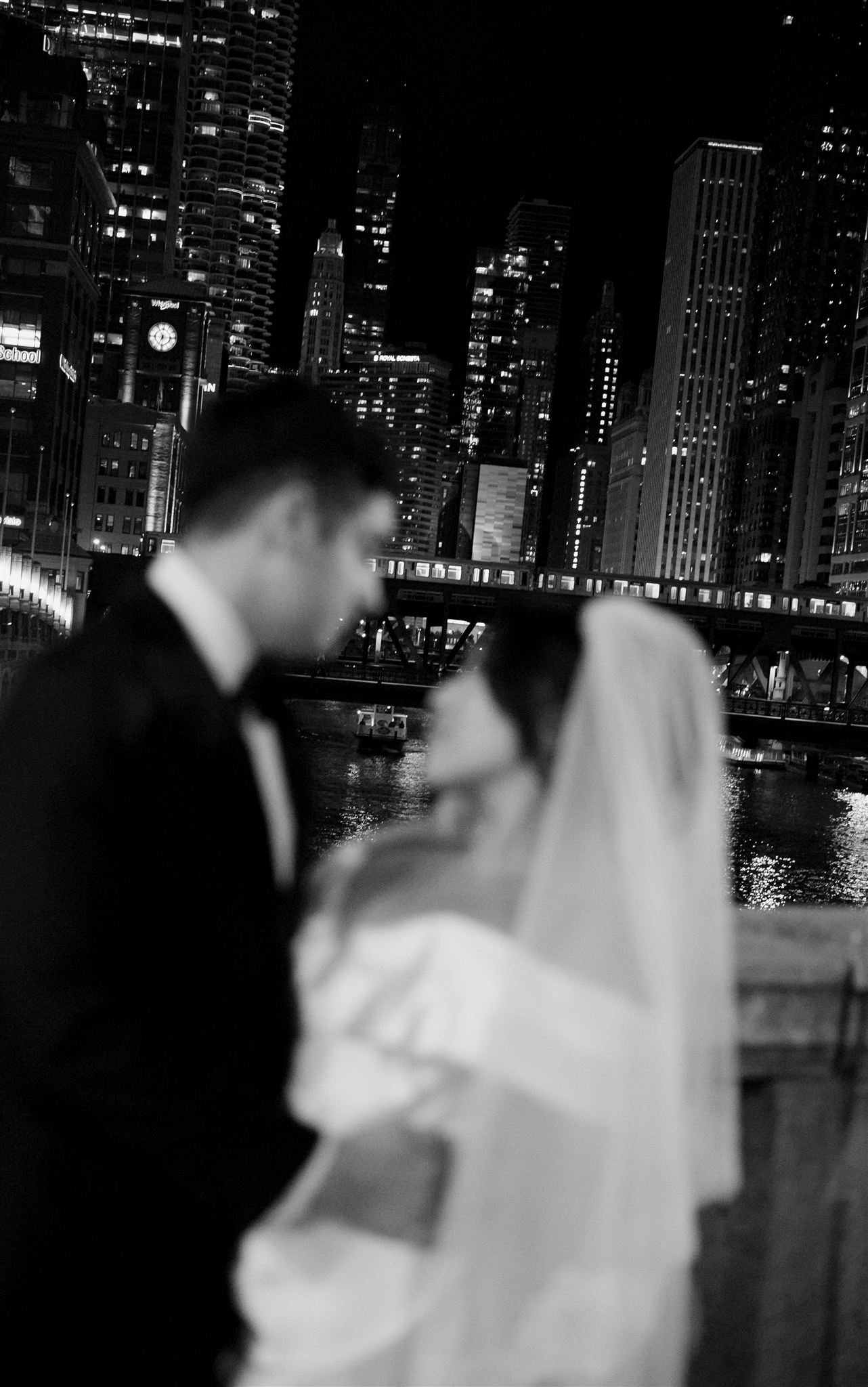 Wedding Photo of bride in downtown Chicago on the way to Gilt Bar.