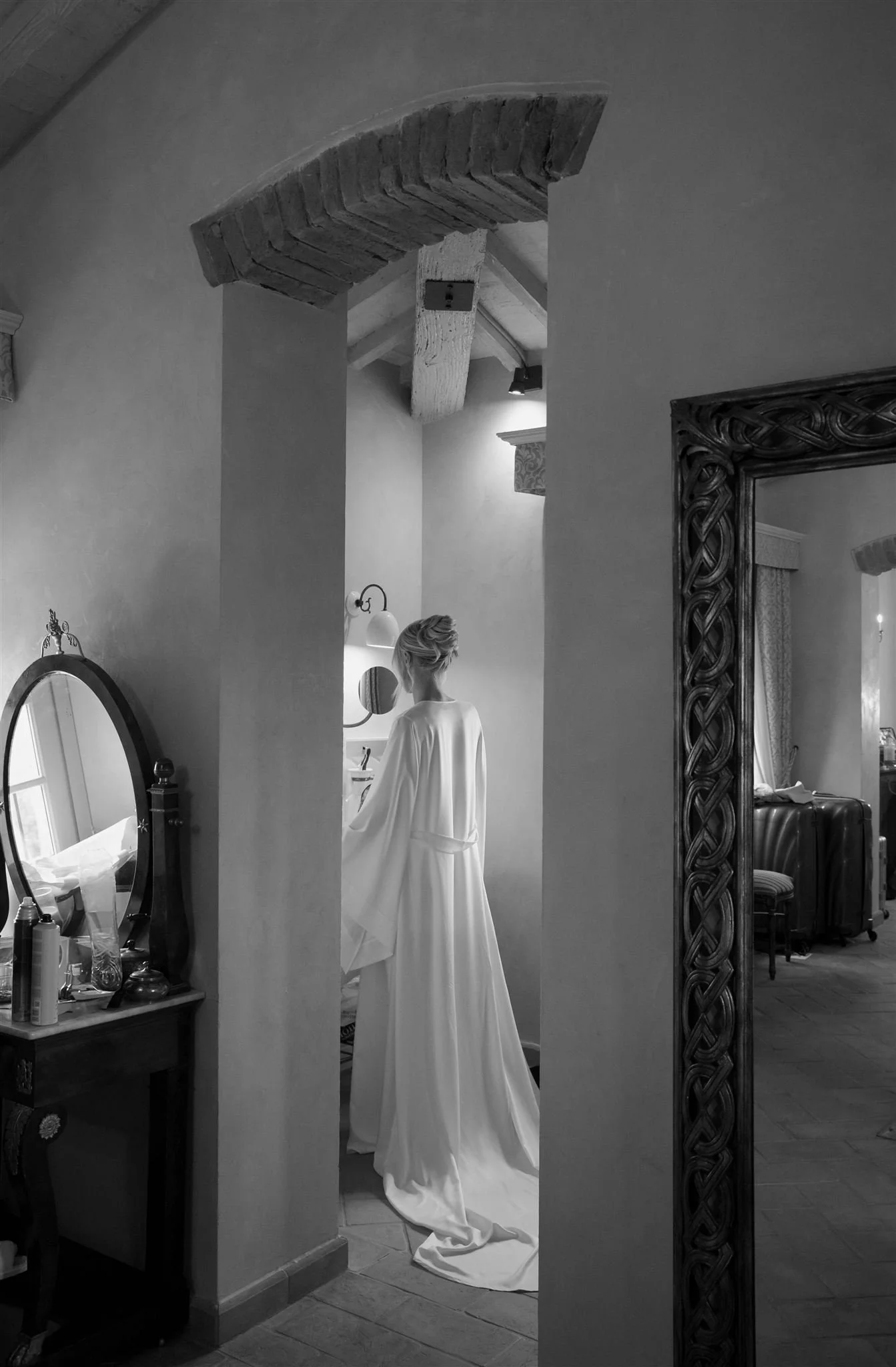 A bride on her wedding day at Villa Petriolo in Tuscany, Italy.