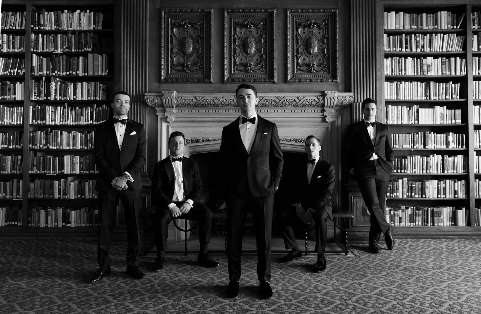 Groomsmen in the library on a wedding day at The University Club of Chicago.