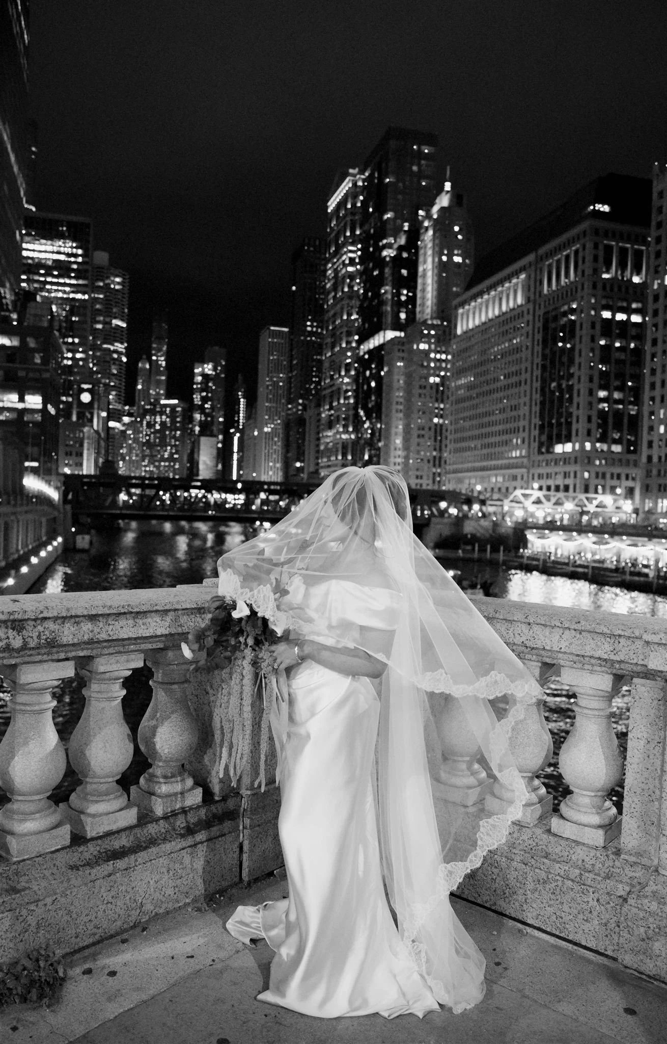 Wedding Photo of bride in downtown Chicago on the way to Gilt Bar.