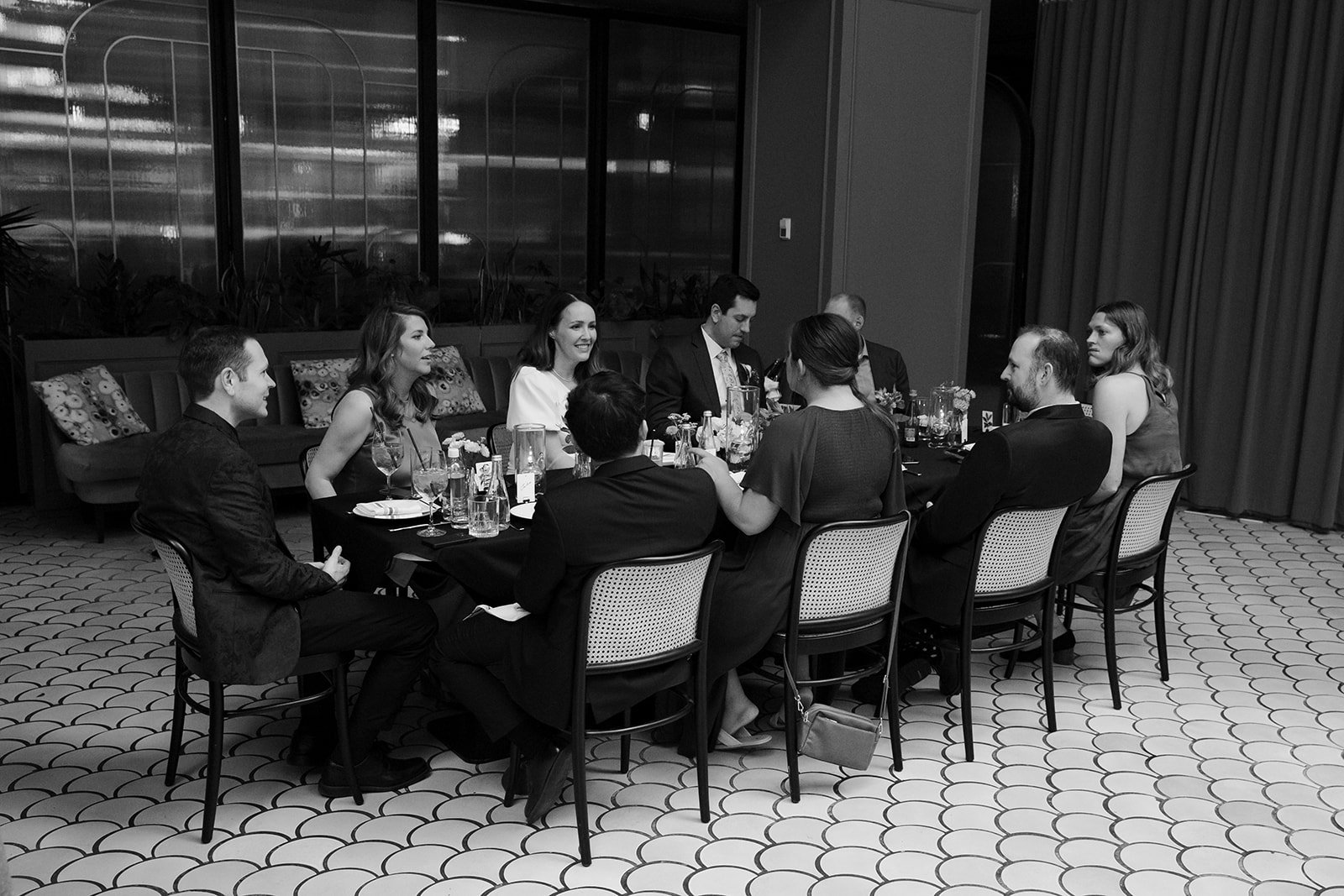 A wedding dinner at Venteux Chicago inside the Pendry Hotel.