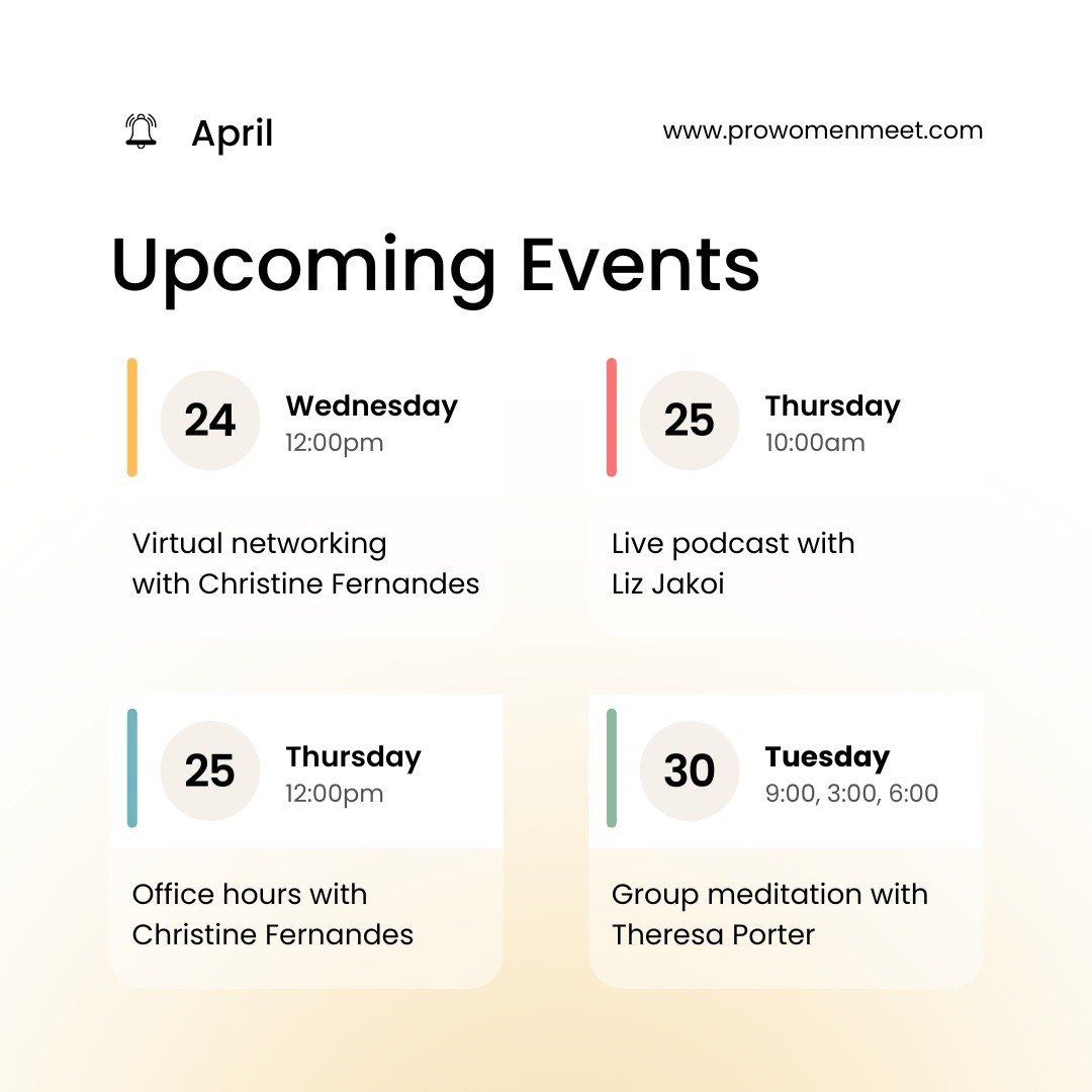 Mark Your Calendars, Boss Ladies! 🗓️ April is JAM-PACKED with greatness! Dive into our virtual networking event or snag some wisdom during office hours &ndash; Both led by a very familiar face 😉👩&zwj;💻. PLUS, don't miss the live podcast and group