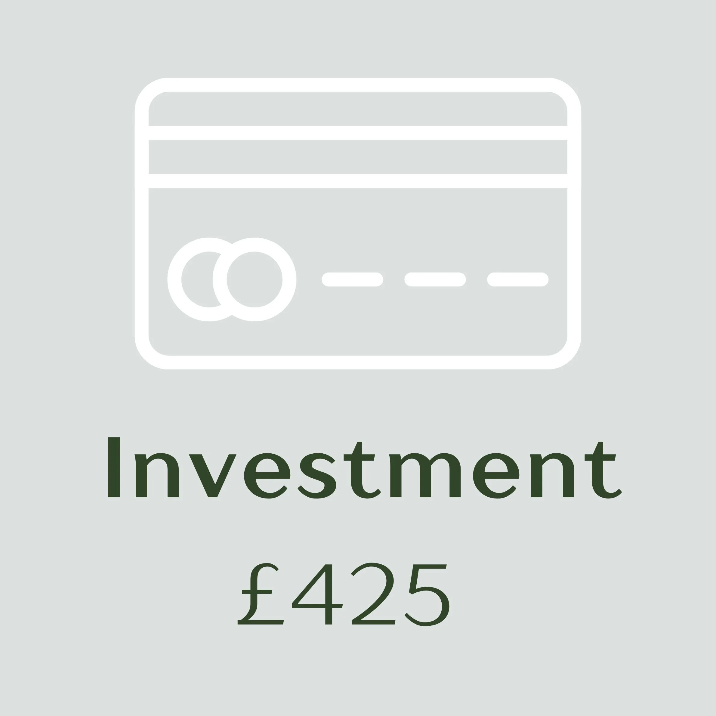 Illustration of a credit card with circles and dashed lines, below the word 'Investment' and the amount '£425'.