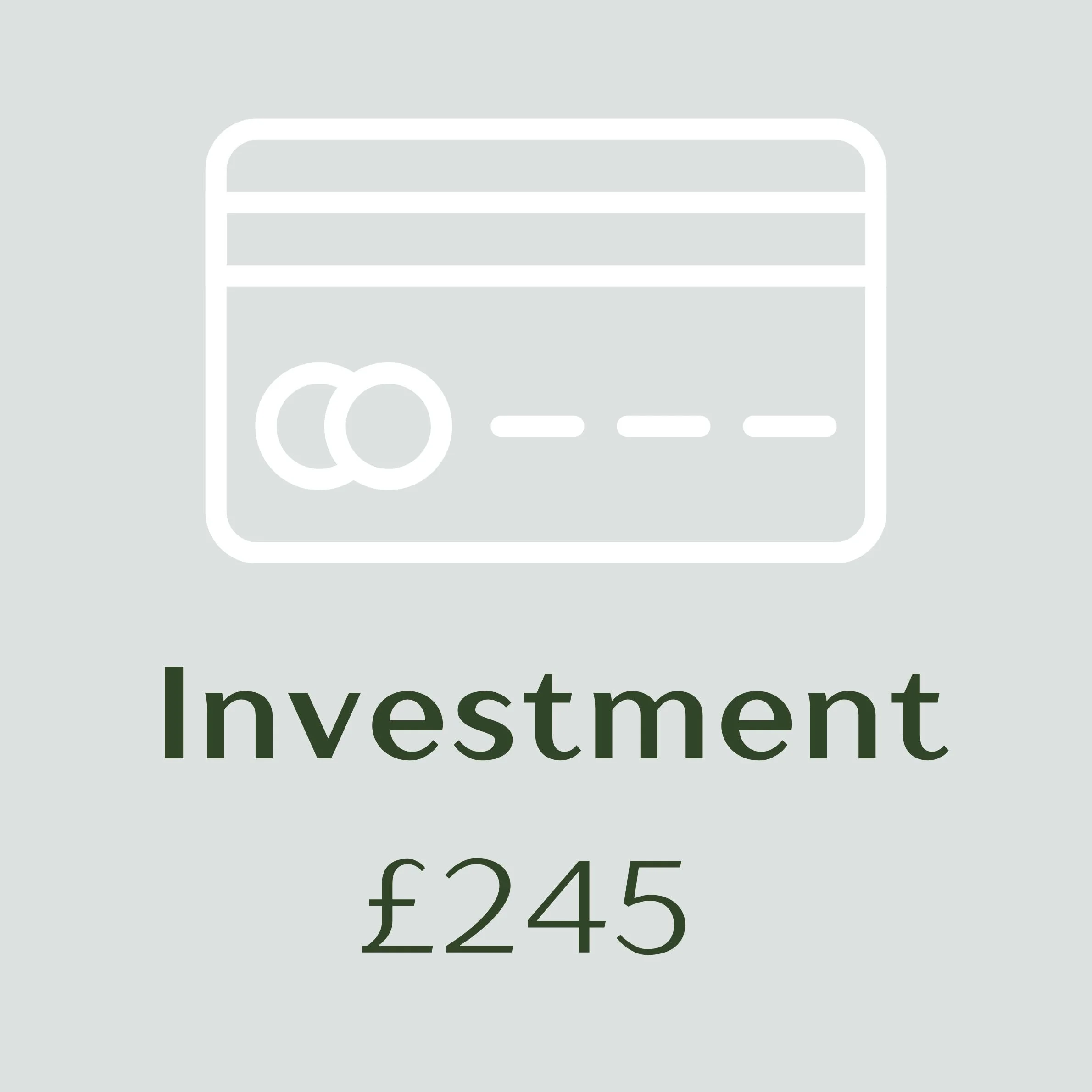 Digital illustration showing a credit card graphic and the text "Investment £245".
