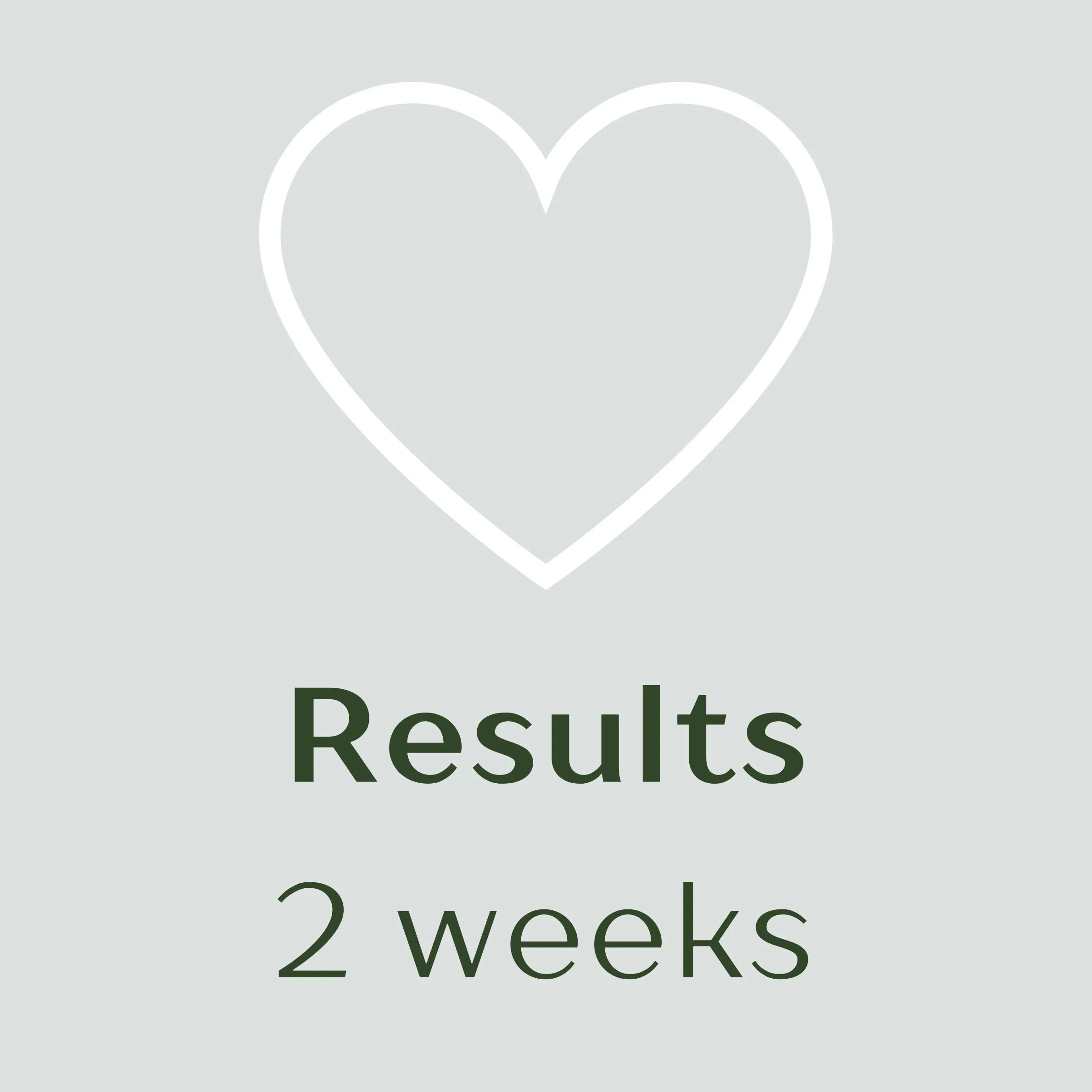 A digital graphic displaying a large white outline heart above the text 'Results 2 weeks' on a light gray background.