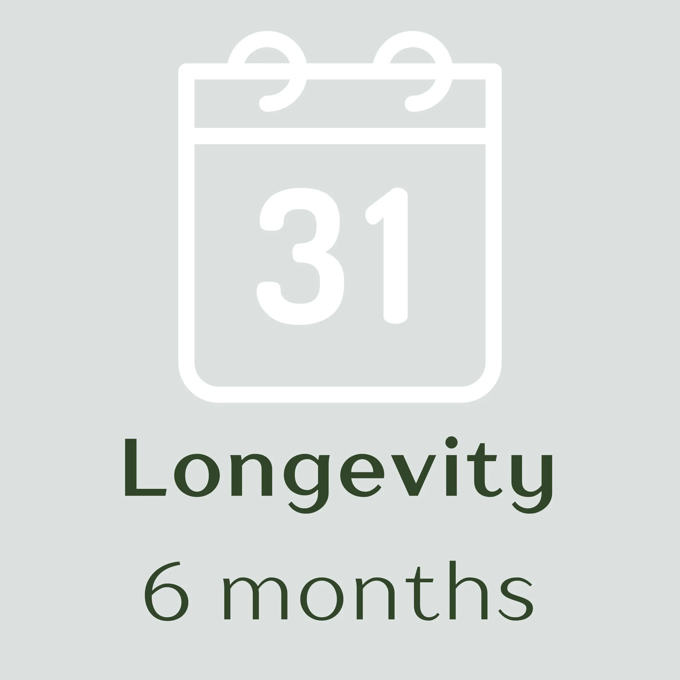 Calendar icon displaying the number 31, with the word 'Longevity' and the phrase '6 months' beneath it.