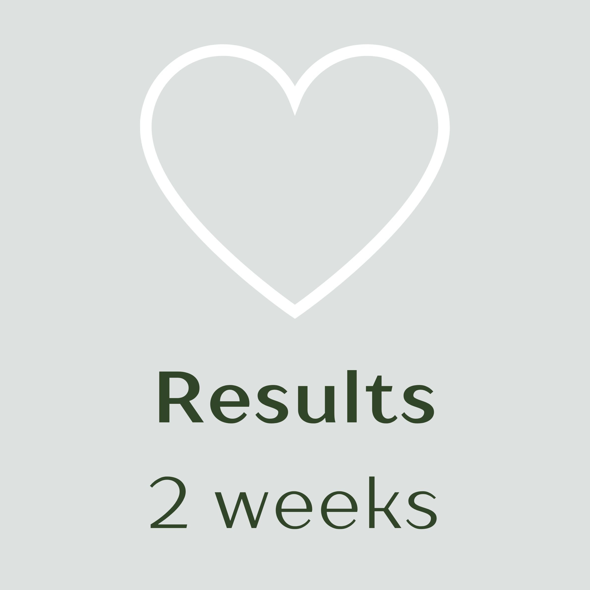 A white outline of a heart above the text "Results 2 weeks" on a light gray background.