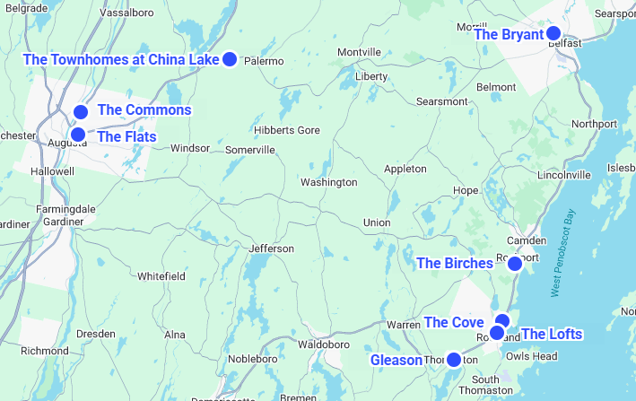 Map of all Rock Harbor Management Properties from Augusta to Rockland to Belfast