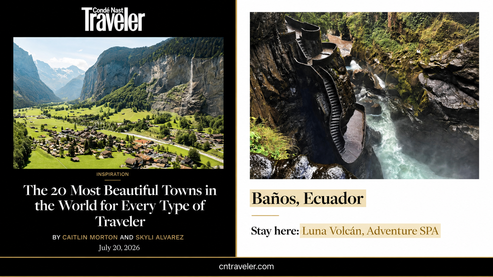 Portada de Condé Nast Traveler junto a las cascadas de Baños; el artículo destaca a Baños y recomienda Luna Volcán, Adventure SPA.