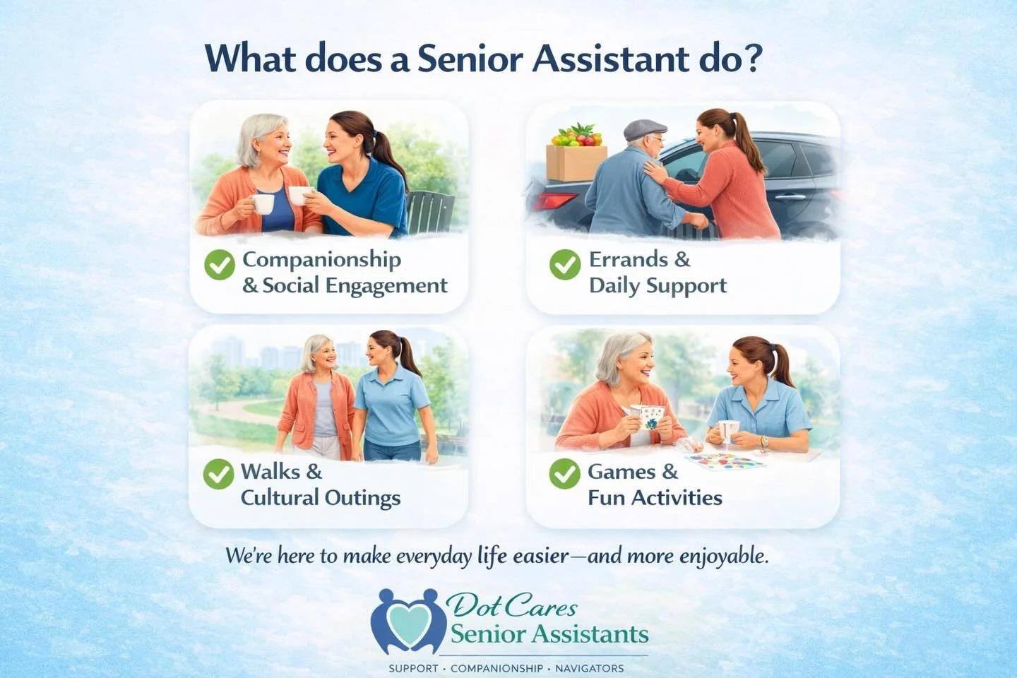 What if support looked like this? Not just help-but friendship, connection, laughter and meaningful moments. We&rsquo;re here to make everyday life easier&mdash;and more enjoyable. Reach out to us today! #SeniorLiving #agingwell #dotcares #companions