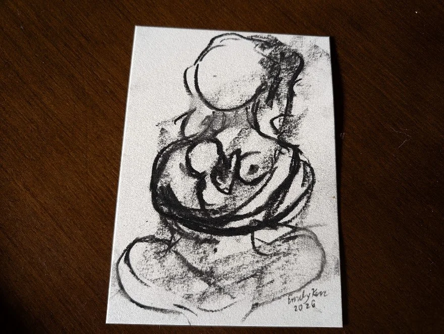 Mother Baby Dyad Charcoal Line Drawing