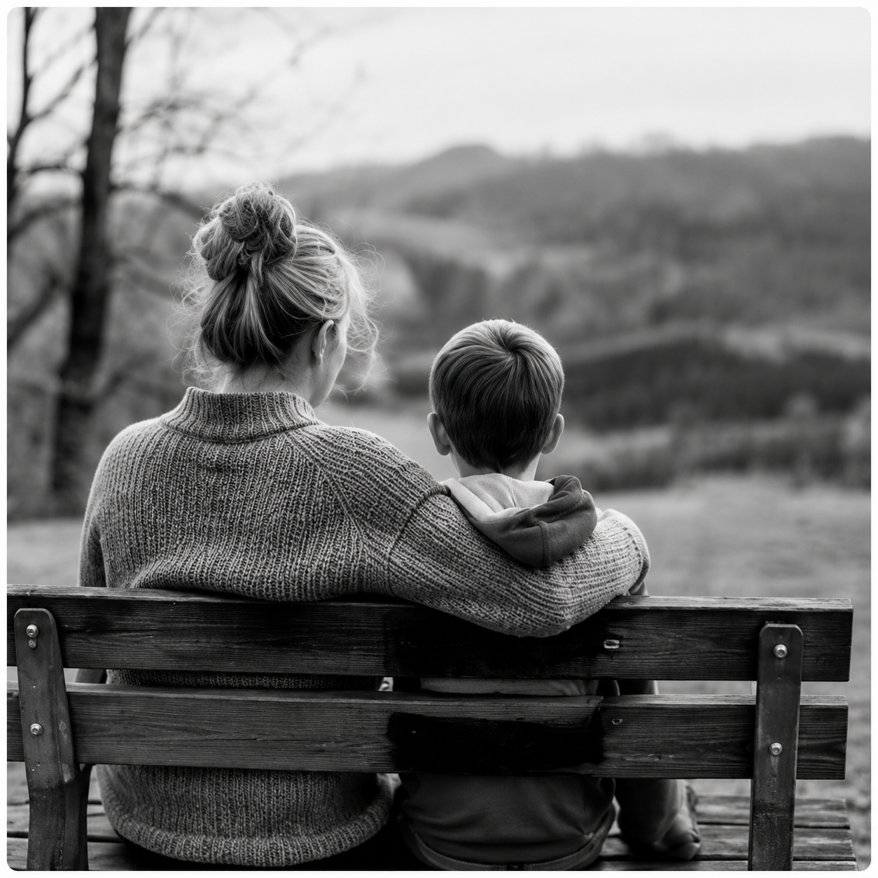 Family sitting on a moss-covered wooden bench in a forest, looking at a distant bridge over a river on an autumn day.