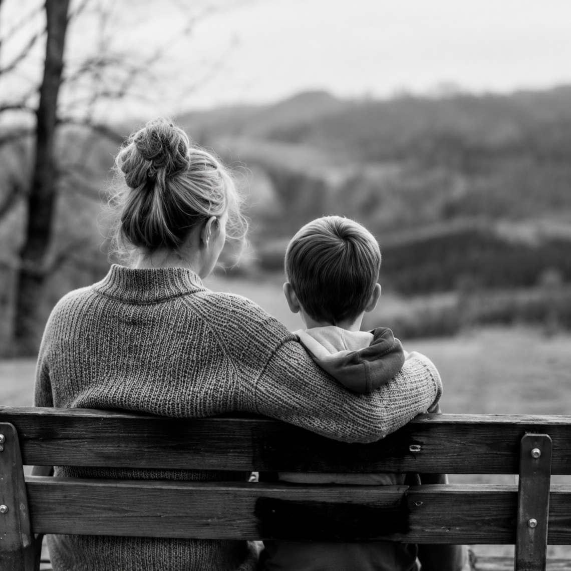 Family sitting on a moss-covered wooden bench in a forest, looking at a distant bridge over a river on an autumn day.