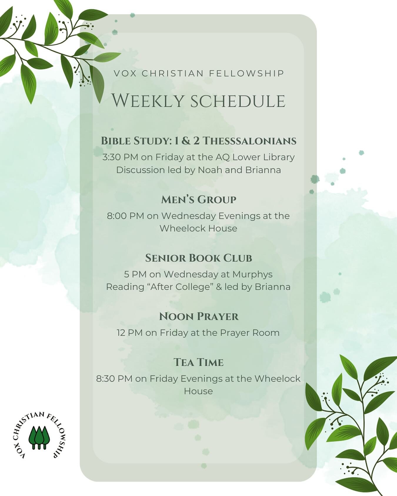 Our Spring Term Weekly Schedule! We hope you will join us for our variety of weekly events. We have been praying for YOU!