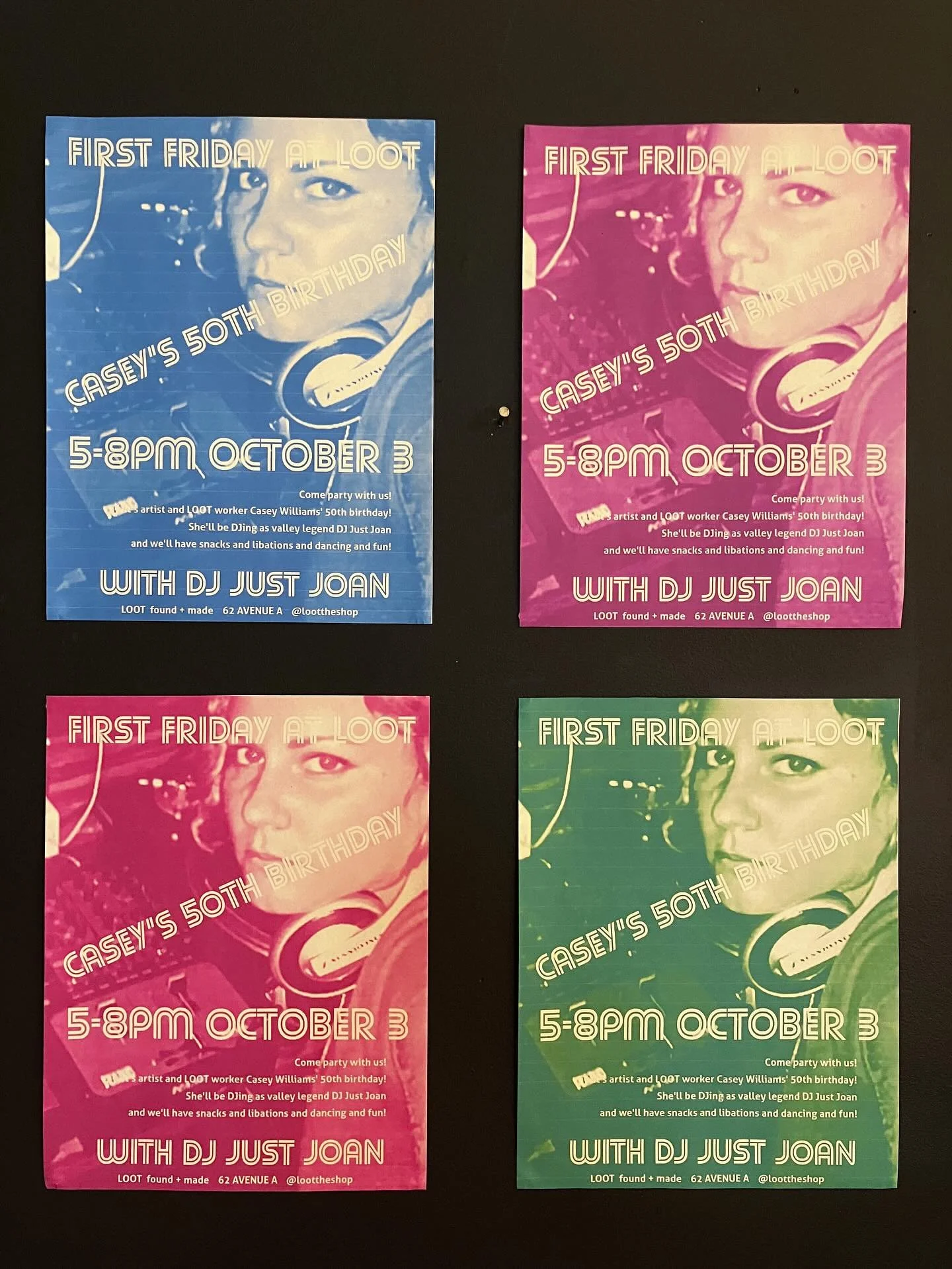 save the date! next First Friday &mdash; Oct 3rd 5-8pm &mdash; is Casey&rsquo;s birthday! and she&rsquo;ll be DJing as valley legend Just Joan 🎧🎶 come celebrate with us!