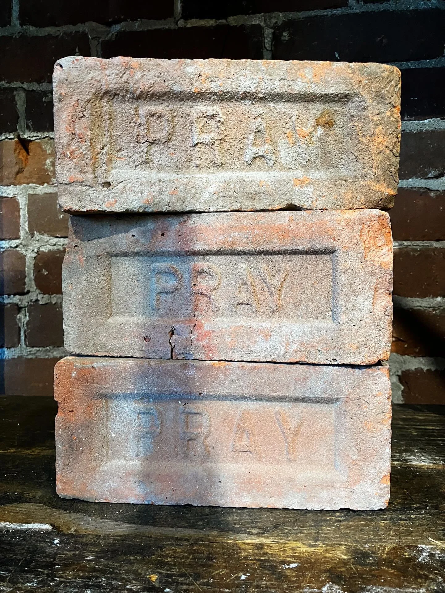PRAY bricks! we found a few more 🧱
.
#praybricks #greenfieldma #oldbricks #collectiblebricks #lootfoundandmade