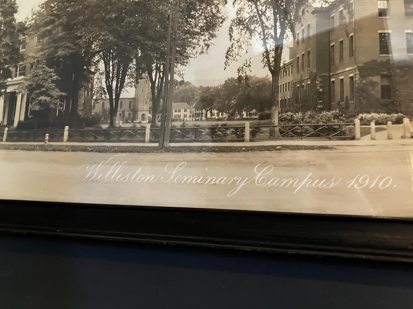 hard to phogtaph in the shop BUT check this out - a panoramic photo of the Williston Seminary 1910 on Main Steet in Easthampton! Most of the buildings are gone but you can see the congo church at the far right. Also pretty cool is that it was framed 
