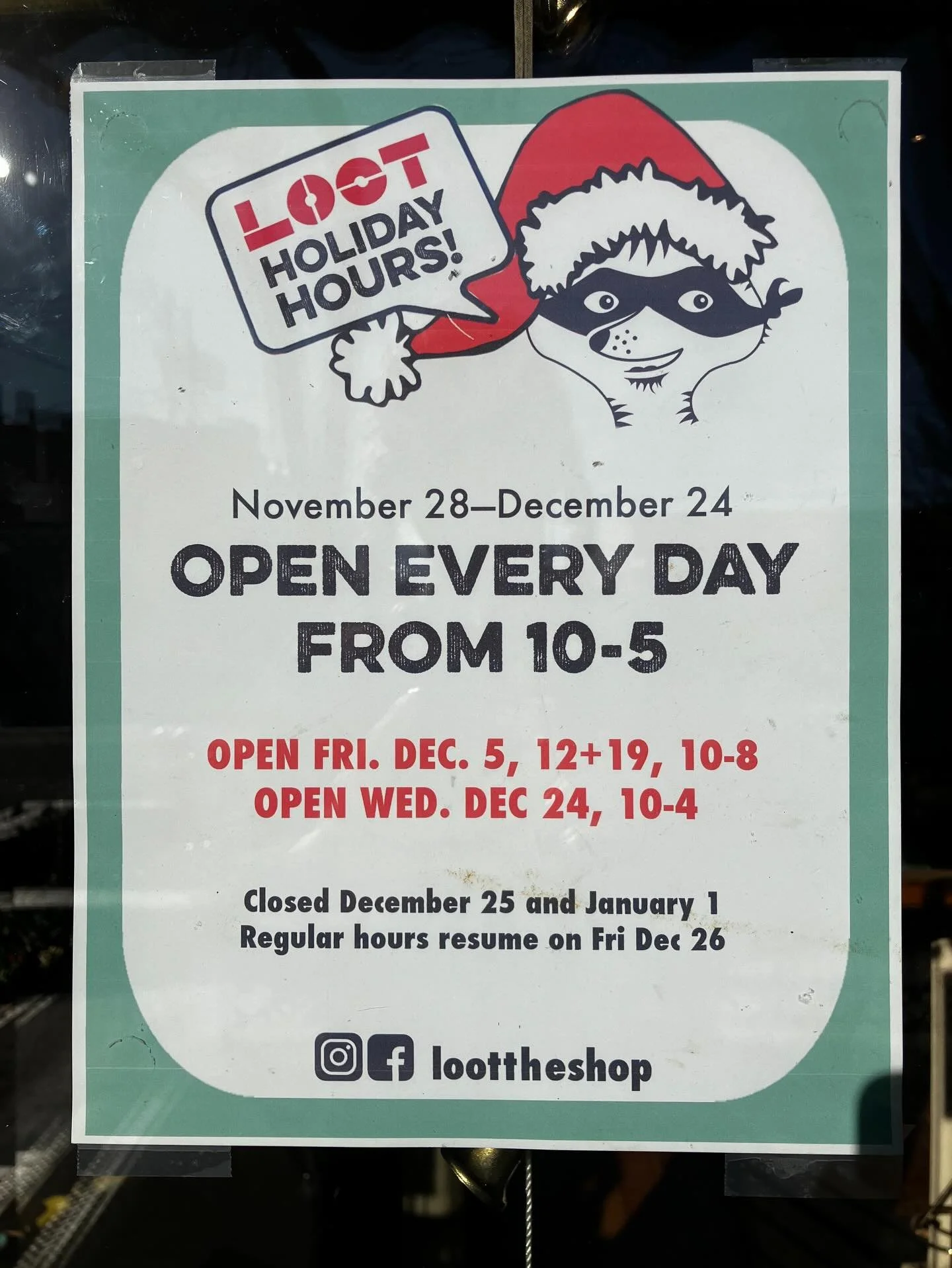holiday hours! open every day 10-5 and fridays until 8 until Dec 23rd 🎄🎁