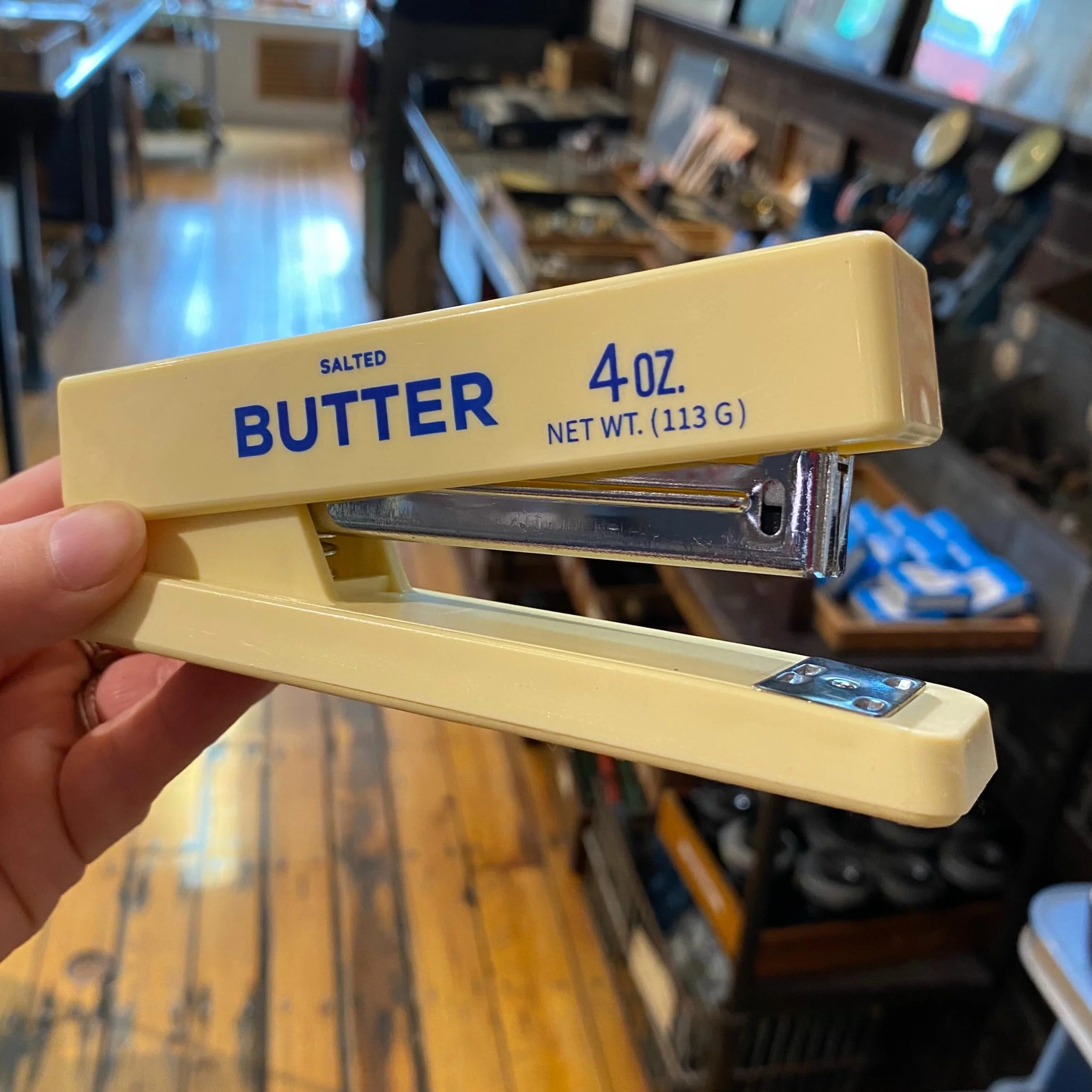 There is no job that BUTTER cannot do!
Come get your butter staplers before they&rsquo;re gone!
🧈🧈🧈🧈🧈🧈
#butter #noveltyofficesupplies #stapler #ridiculousthings 
#lootfoundandmade