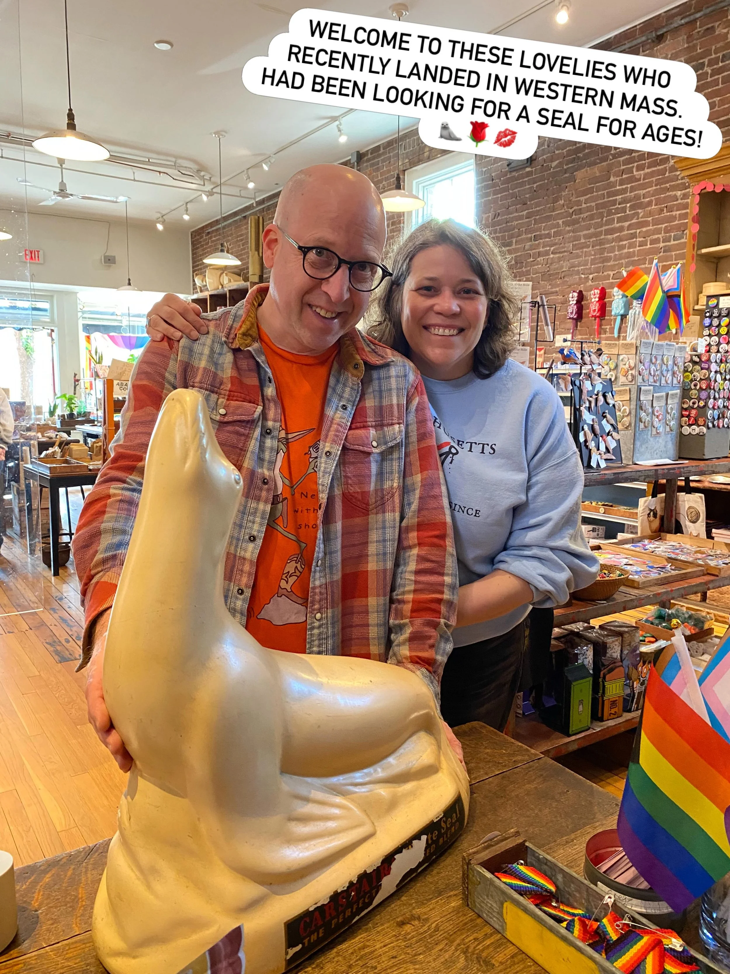 New friends of the shop and fans of ceramic seals. Knew to check out Tina Turners Falls because their realtor was sporting a @twoghostsvinylcafe t-shirt! Recommended they check out @carrsciderhouse, @veganpizzaland, and @lookyheregreenfield. #smallbu