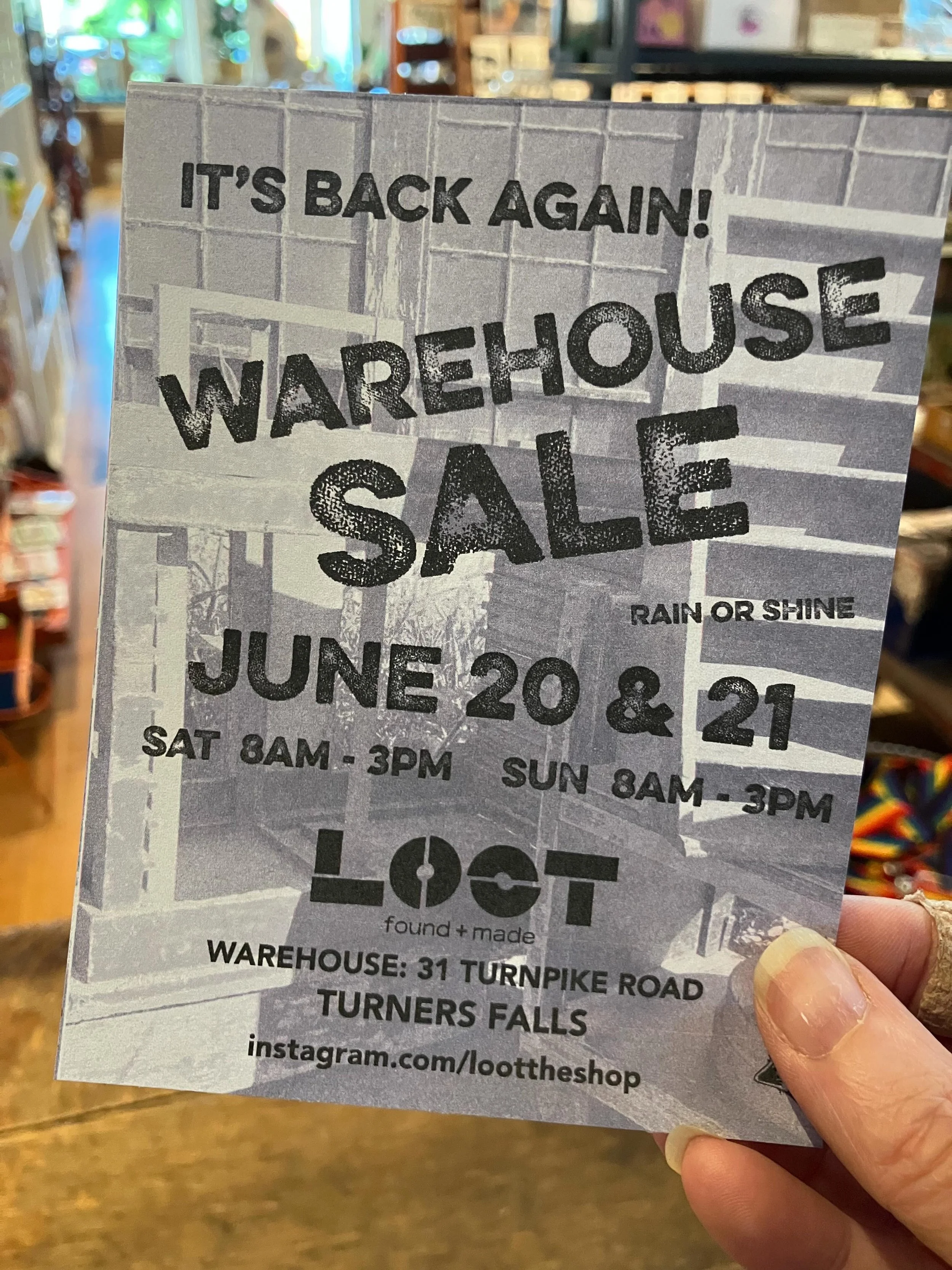 SAVE THE DATE! another warehouse sale coming June 20th &amp; 21st - bring yer Dad for some Father&rsquo;s day shopping!
.
#warehousesale #turnersfallsma #lootfoundandmade