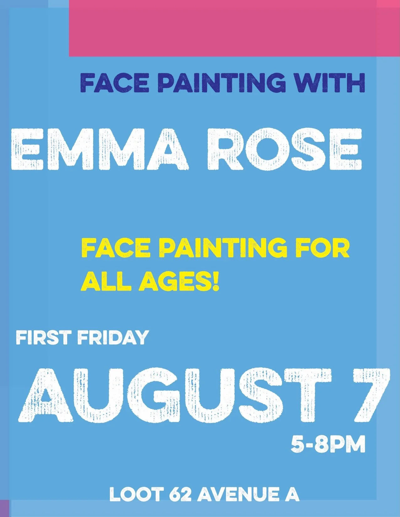 Save the date for First Friday fun! Free face painting for all ages with Emma Rose at the Tiny Stage in LOOT alley! Get a rainbow, a Ziggy Stardust lightning bolt, kittycat, or choose from many more designs! 5-8pm, August 7th. The Vinyl Crawl will al