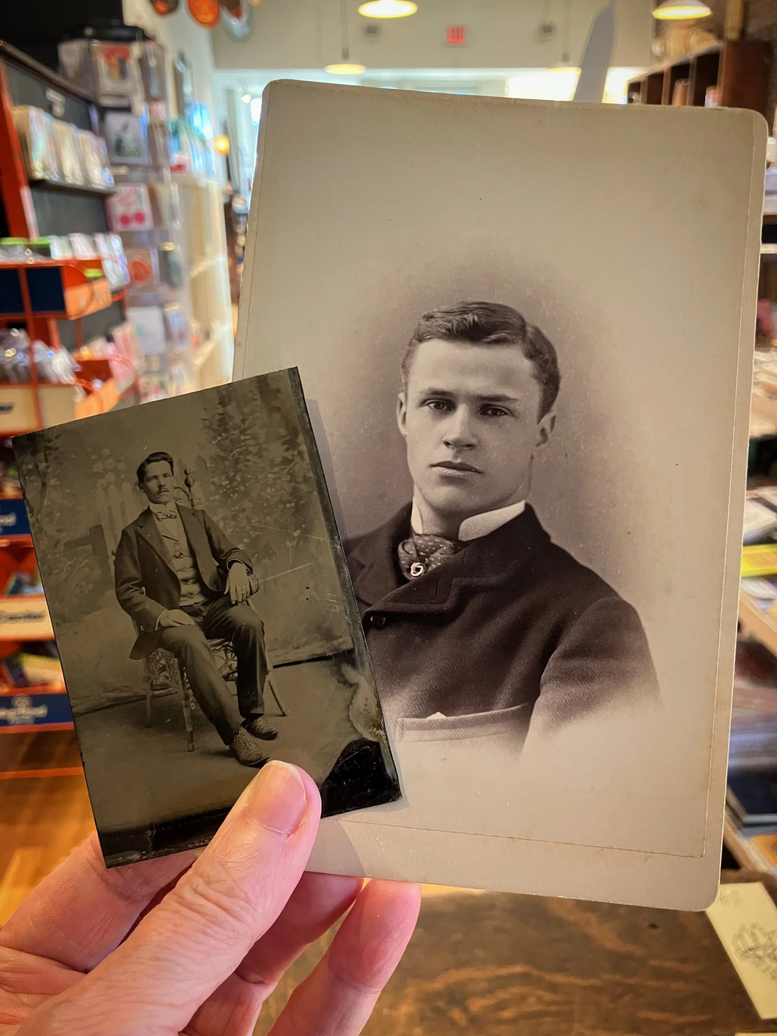 we&rsquo;ve still got a bunch of tintypes and cabinet cards - marked down to $2 each! come get some of these antique beauties for art projects or framing or telling people they&rsquo;re your interesting ancestors 📷 

glass slides are $3 each and loo