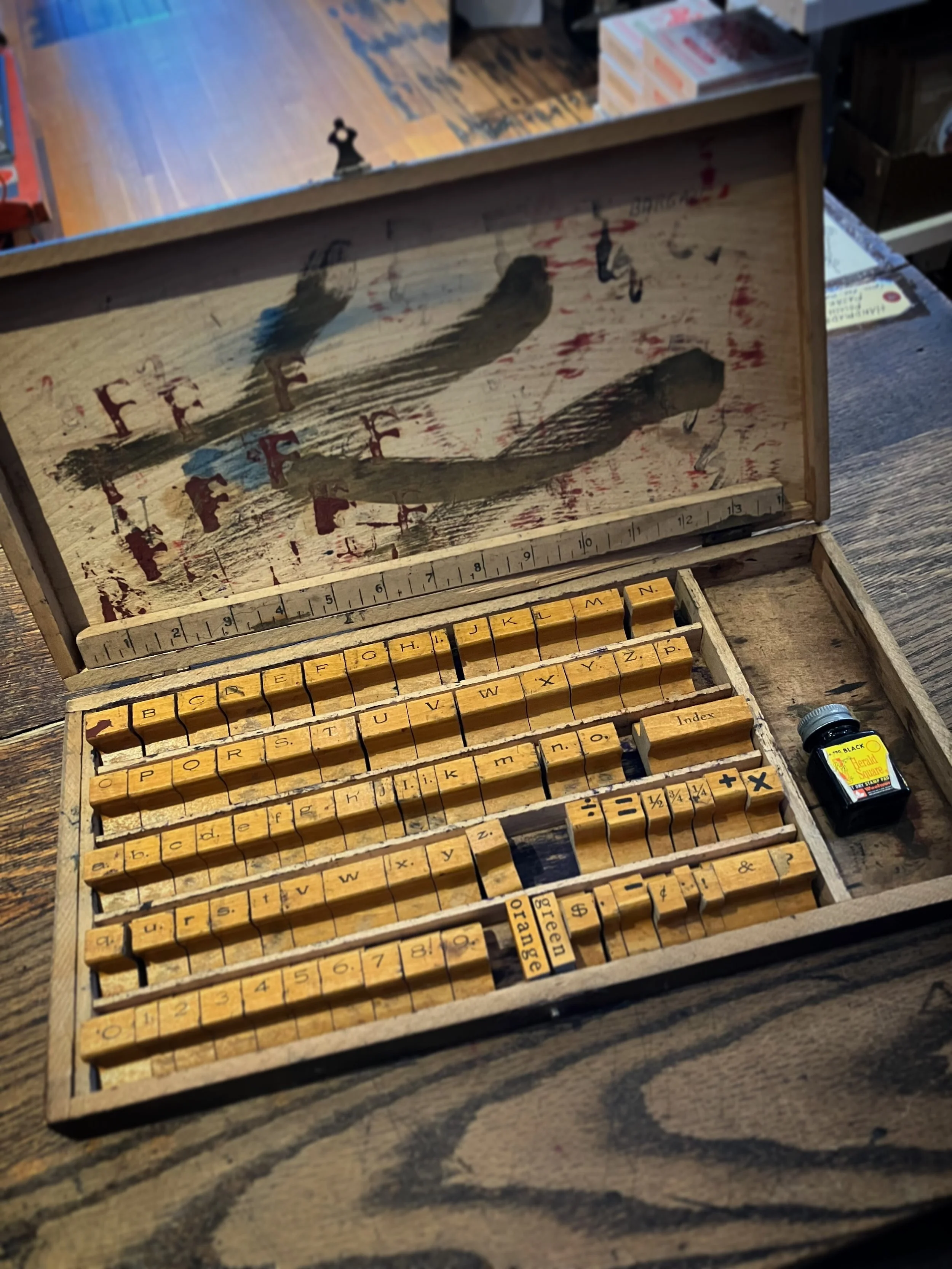 how much fun could you have with this vintage shopkeeper&rsquo;s stamp set? it even has the pointing finger stamp 👉make some anti-ai low-fi art with this complete set - includes vintage ink 🖤