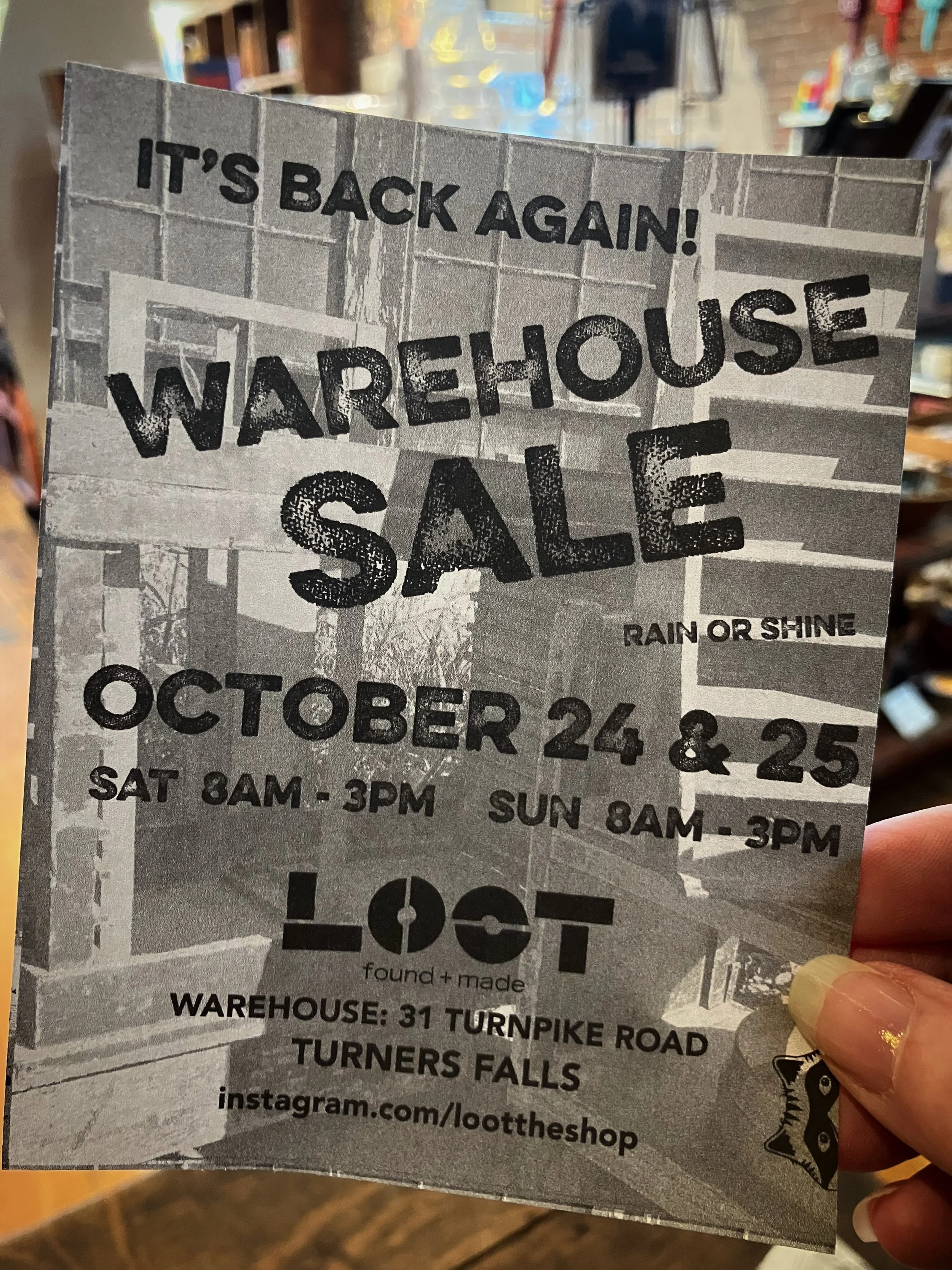 beautiful weather this weekend for a warehouse sale! come find treasure and things you didn&rsquo;t know you needed ⚙️