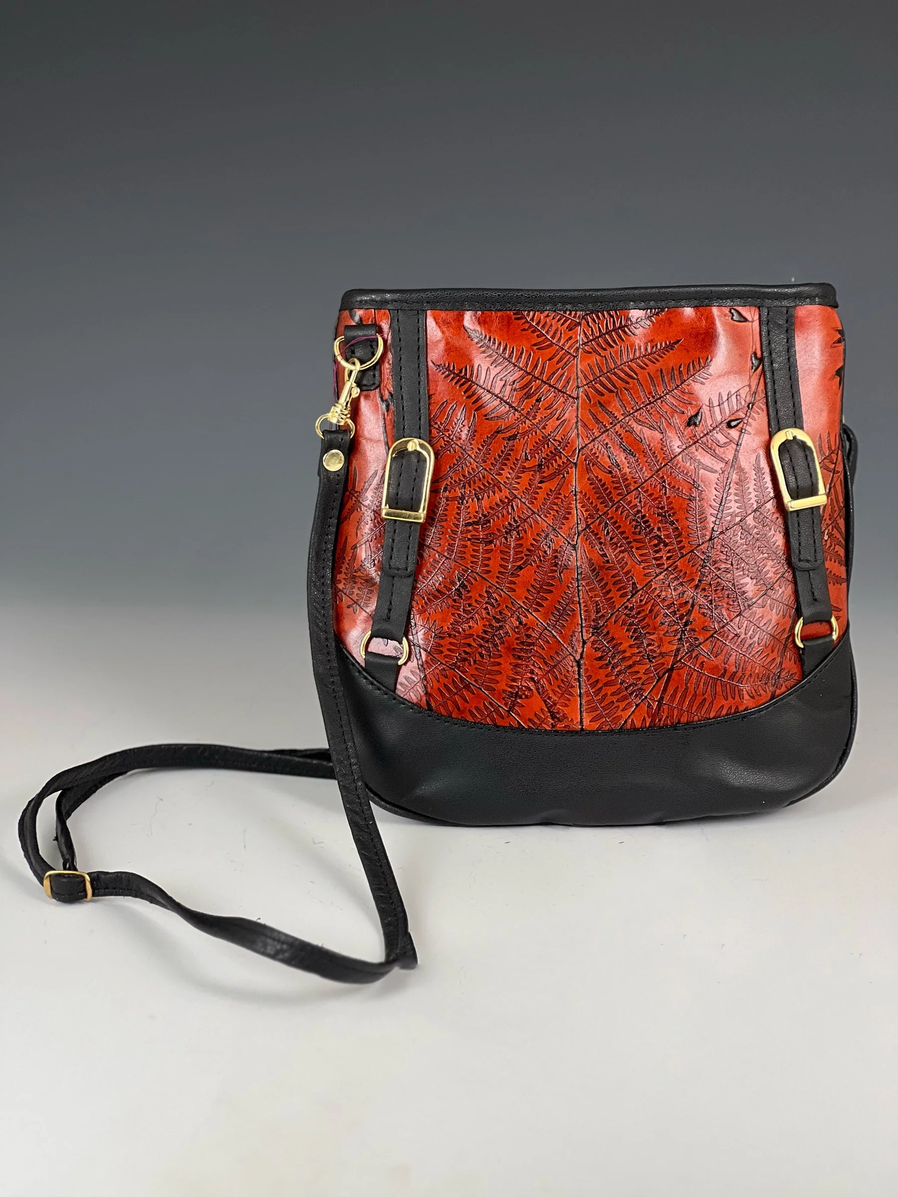 Leaf Leather Cross-body Bag with Buckles in Brown Fern