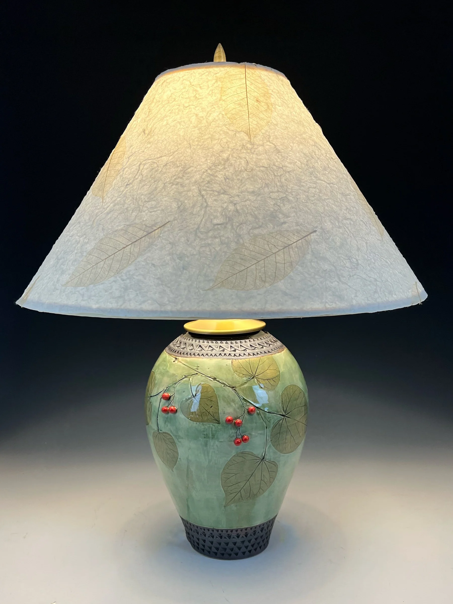 Redbud Lamp in Celadon Green with Red Berries, Skeleton Leaf Paper Shade