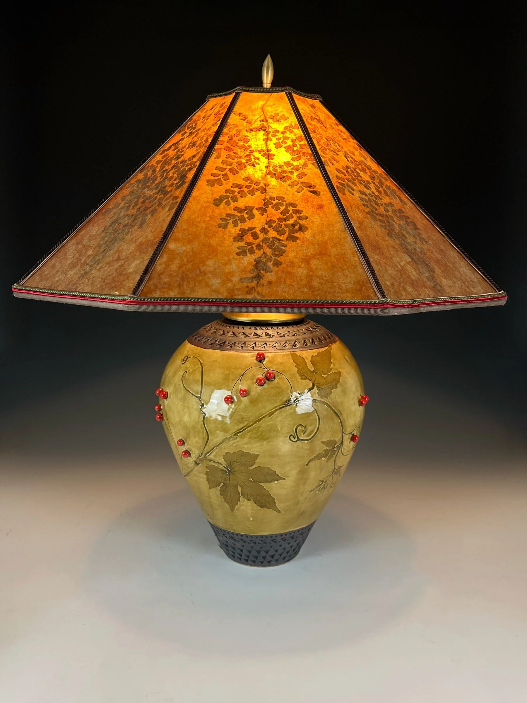 Porcelain Vine Lamp in Amber with Red Berries, Amber Mica Shade
