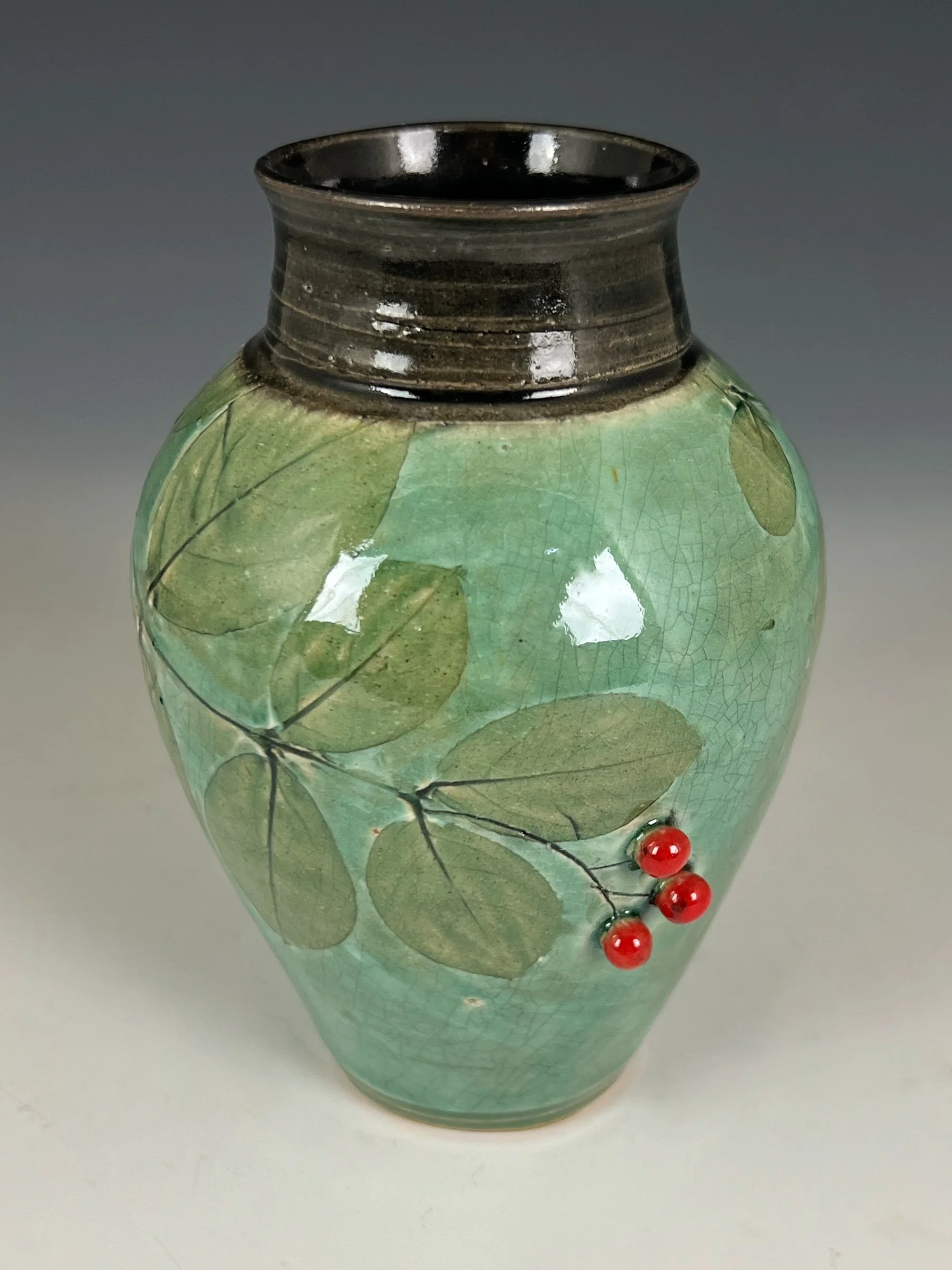 Moss Green Bud Vase, Mock Orange with Red Berries