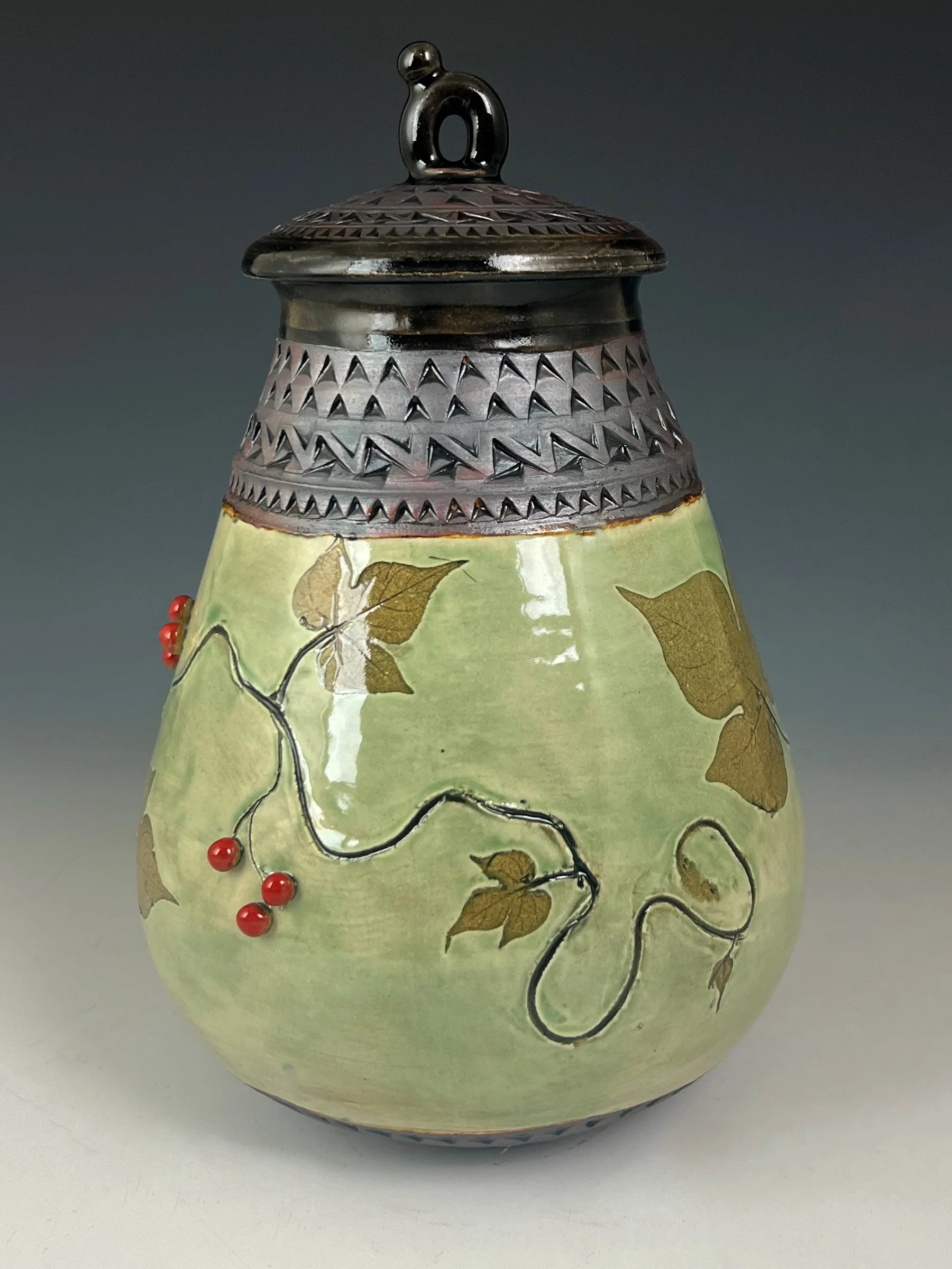 Morning Glory Jar in Jade with Red Berries