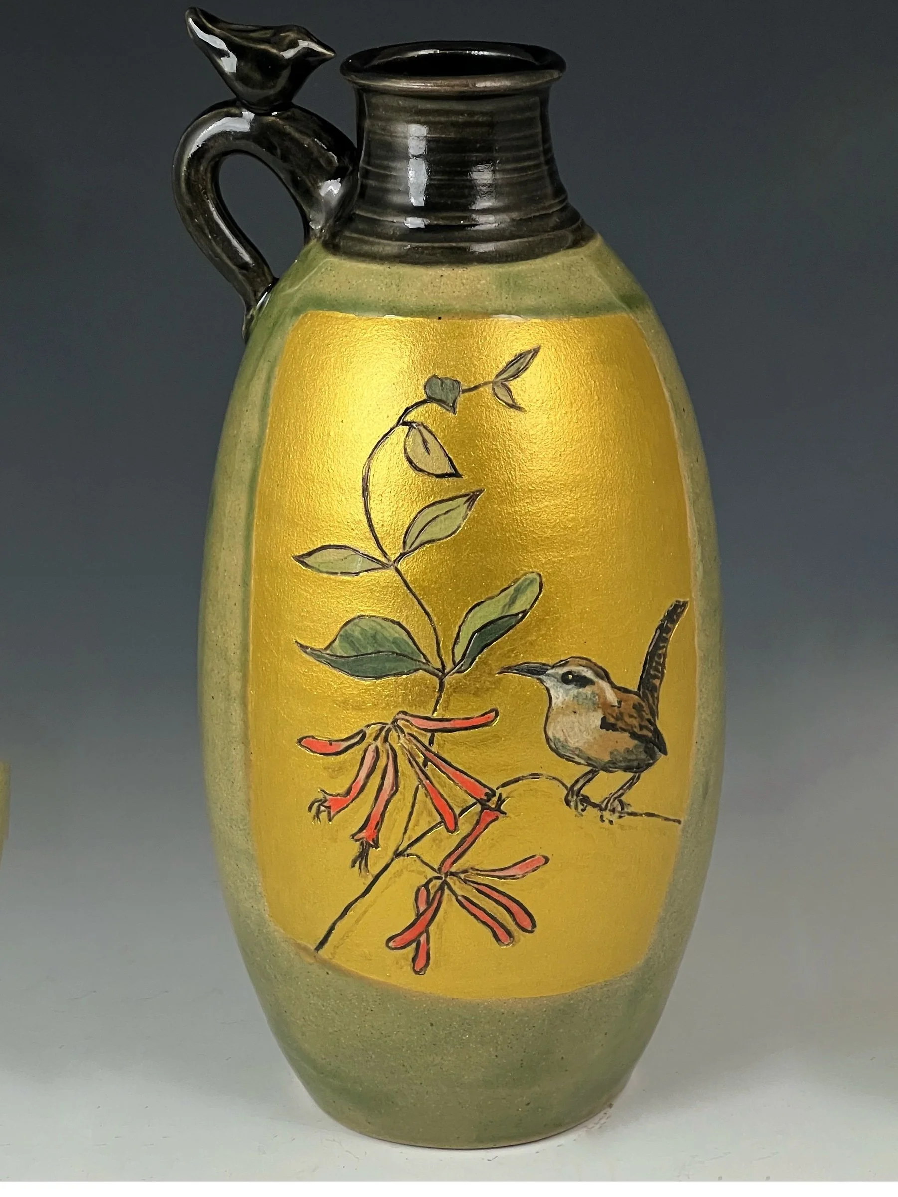 Carolina Wren and Native Honeysuckle Gilded Bottle