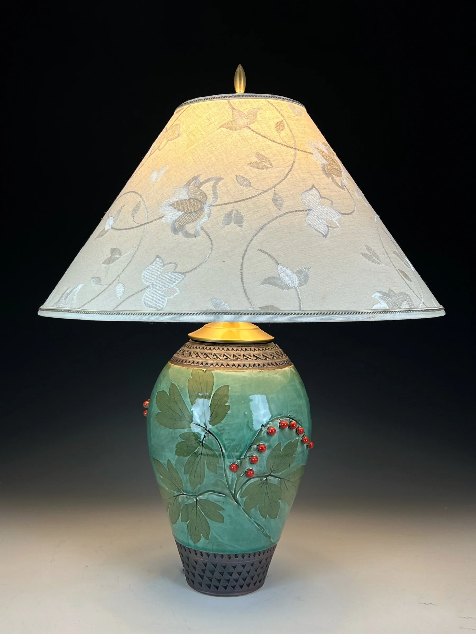 Bleeding Heart Lamp in Moss Green with Red Berries, Embroidered Shade
