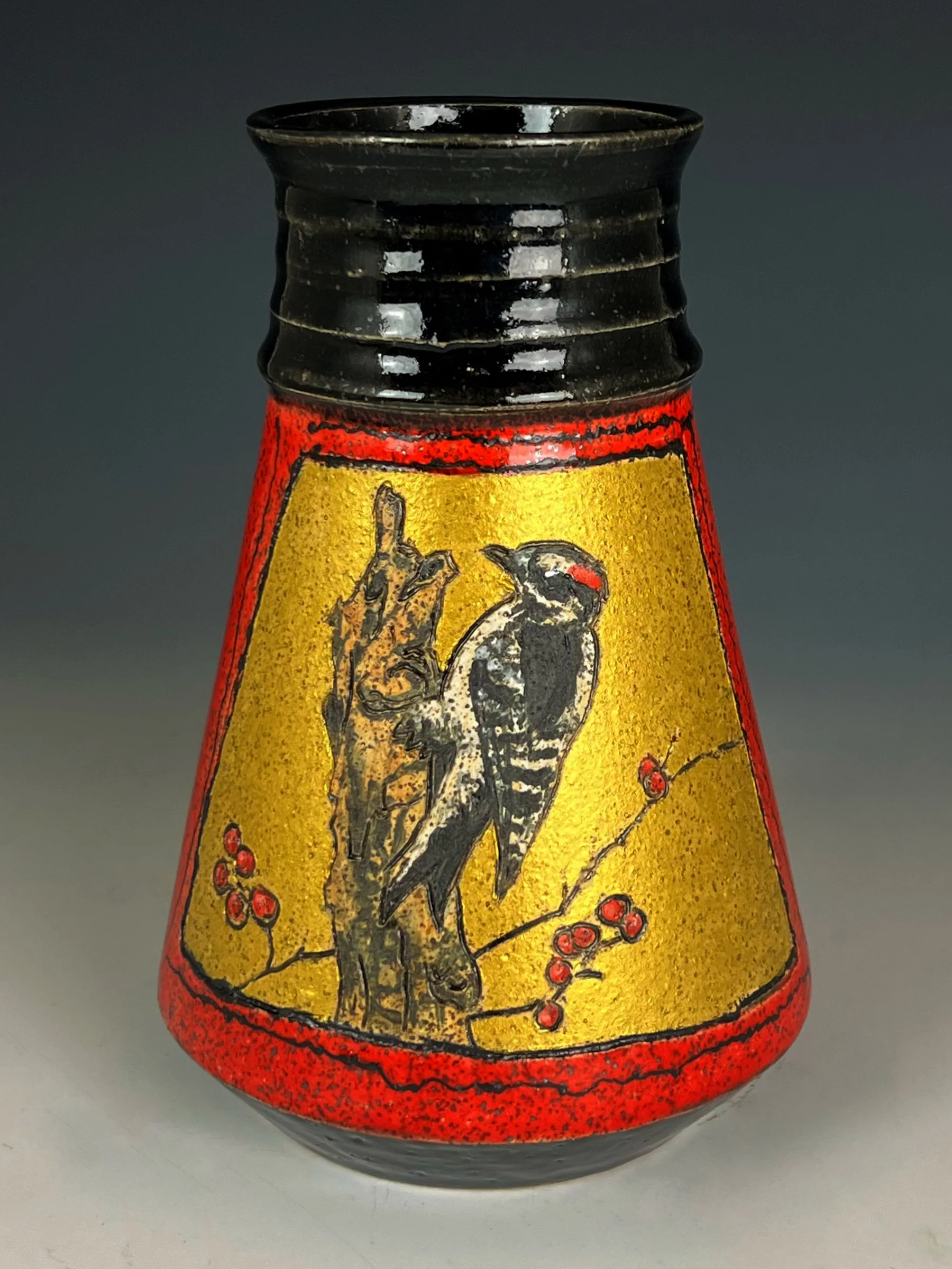 Downy Woodpecker Gilded Vase in Red