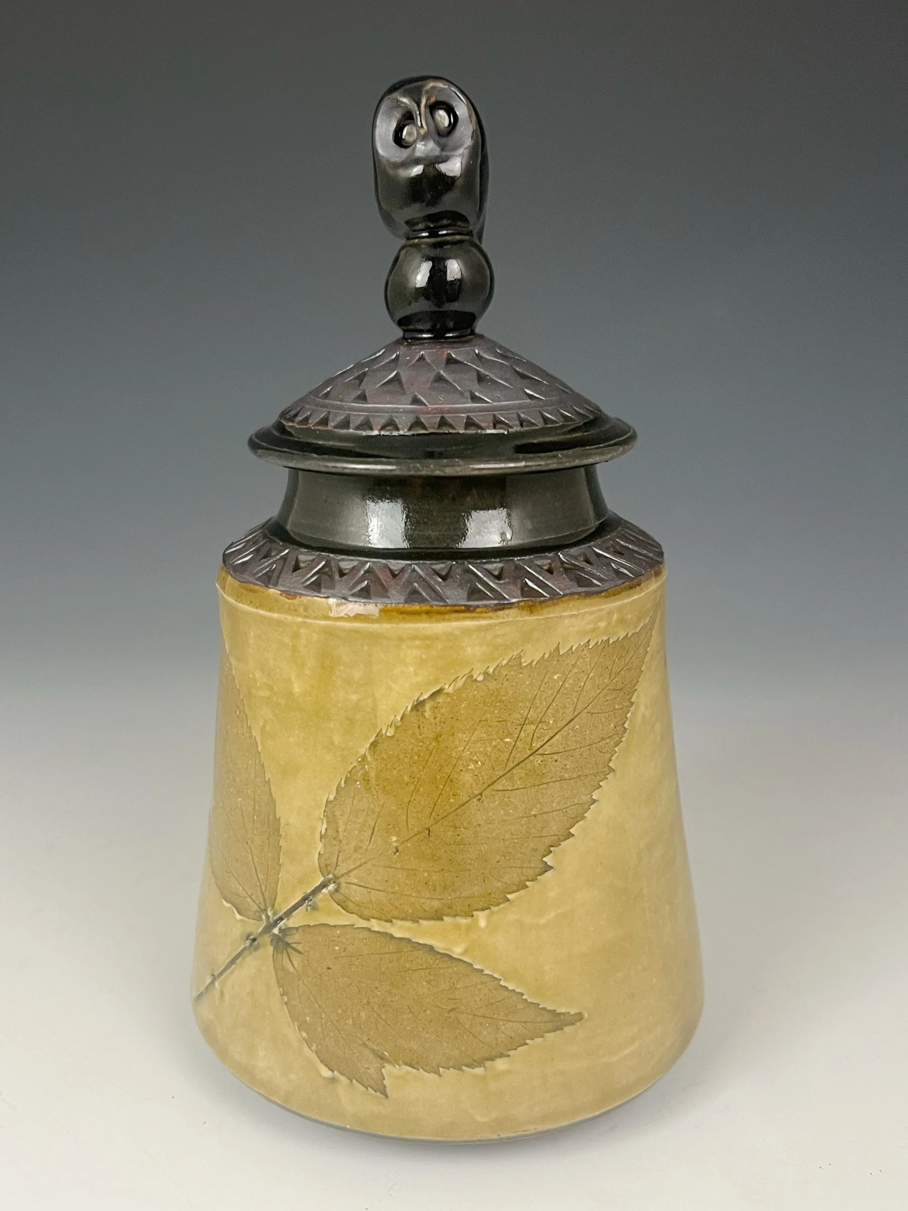 Owl Jar in Amber Celadon with Blackberry Leaves