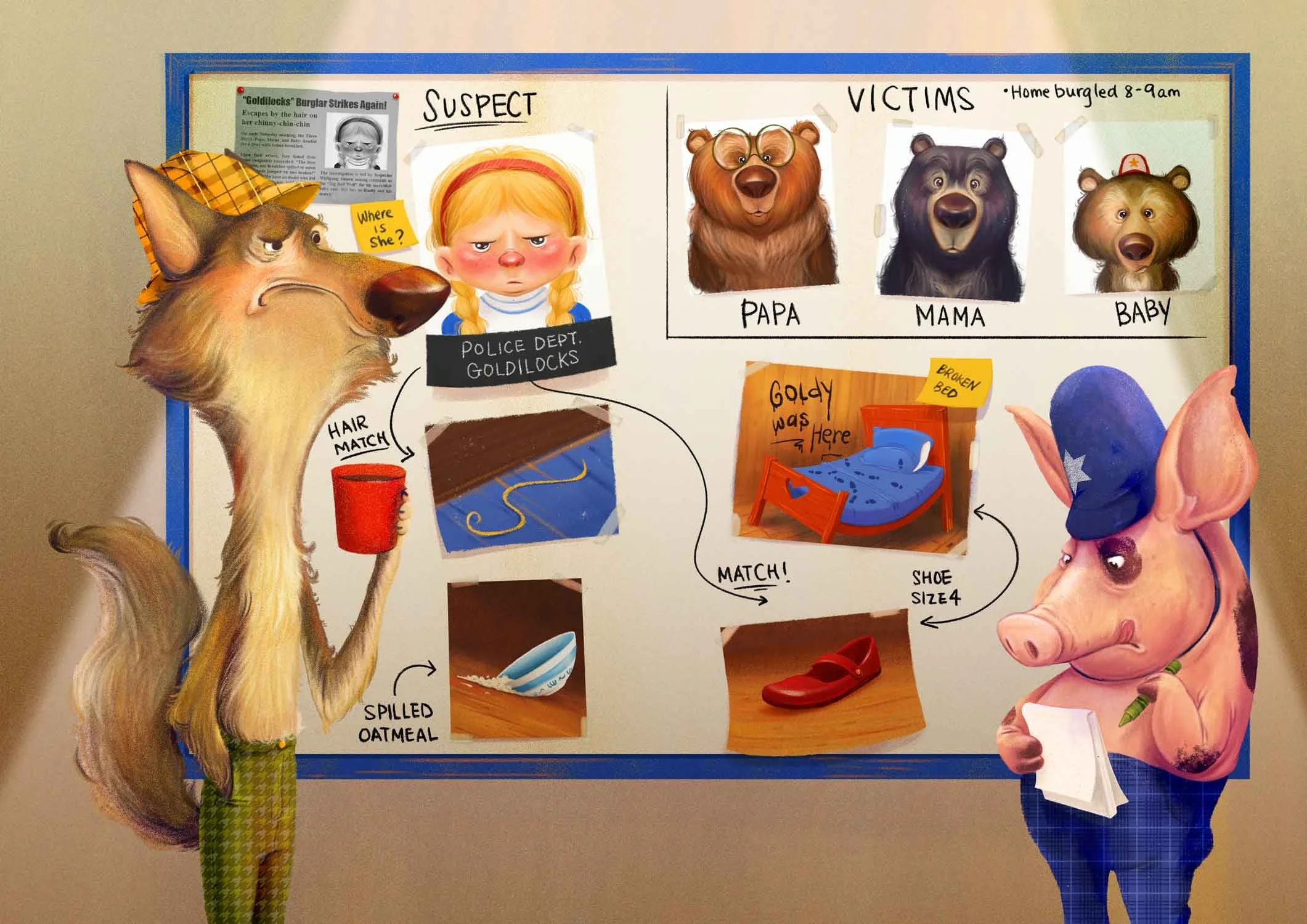 Big Bad Wolf detective stands before a crime board as he reviews evidence in the "The Goldilocks and the Three Bears" case. His piggie sidekick takes notes with a crayon. 